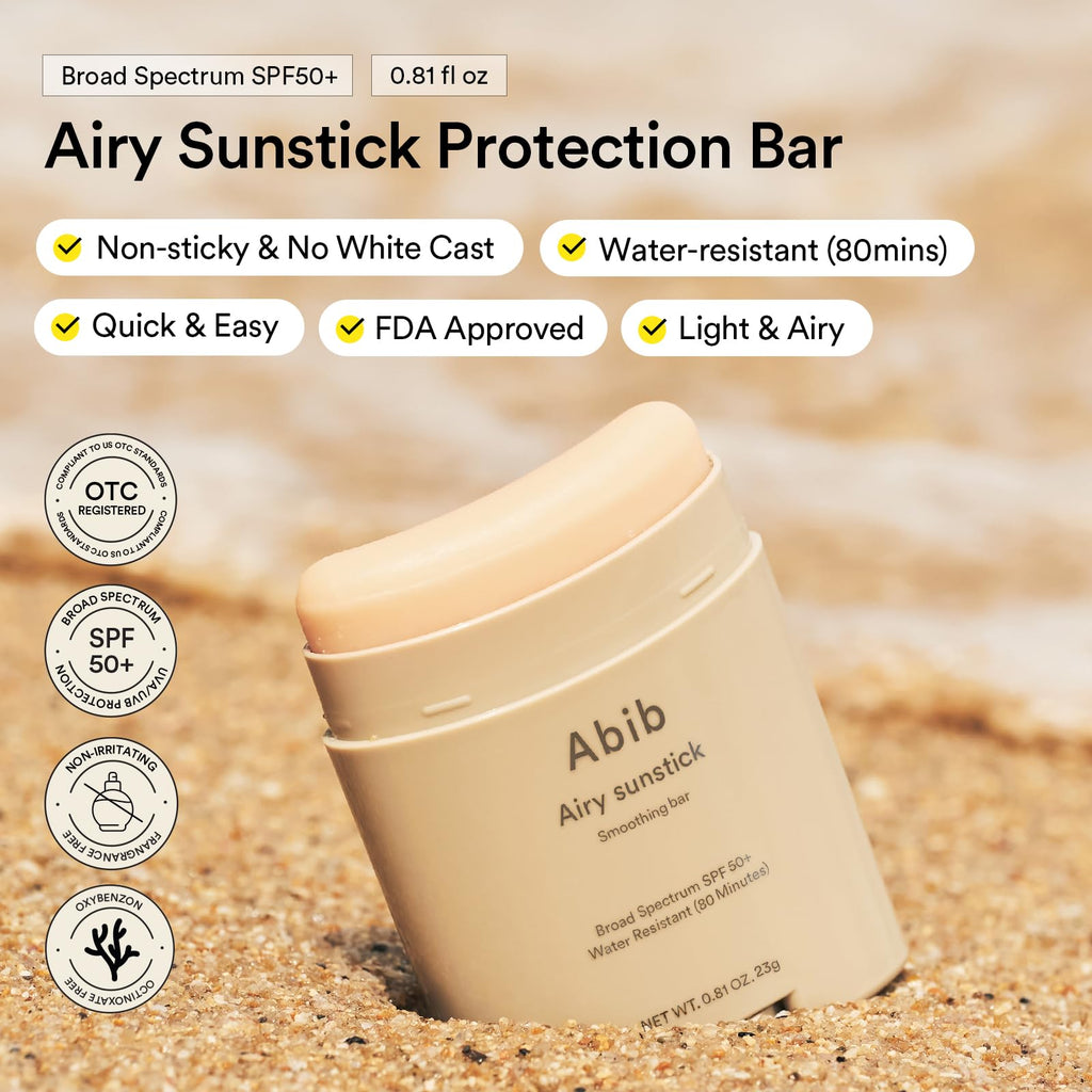 Abib Airy Sunstick Protection Bar SPF50+ Broad Spectrum, Semi-Matte Sunscreen Stick for Oily & Combination Skin