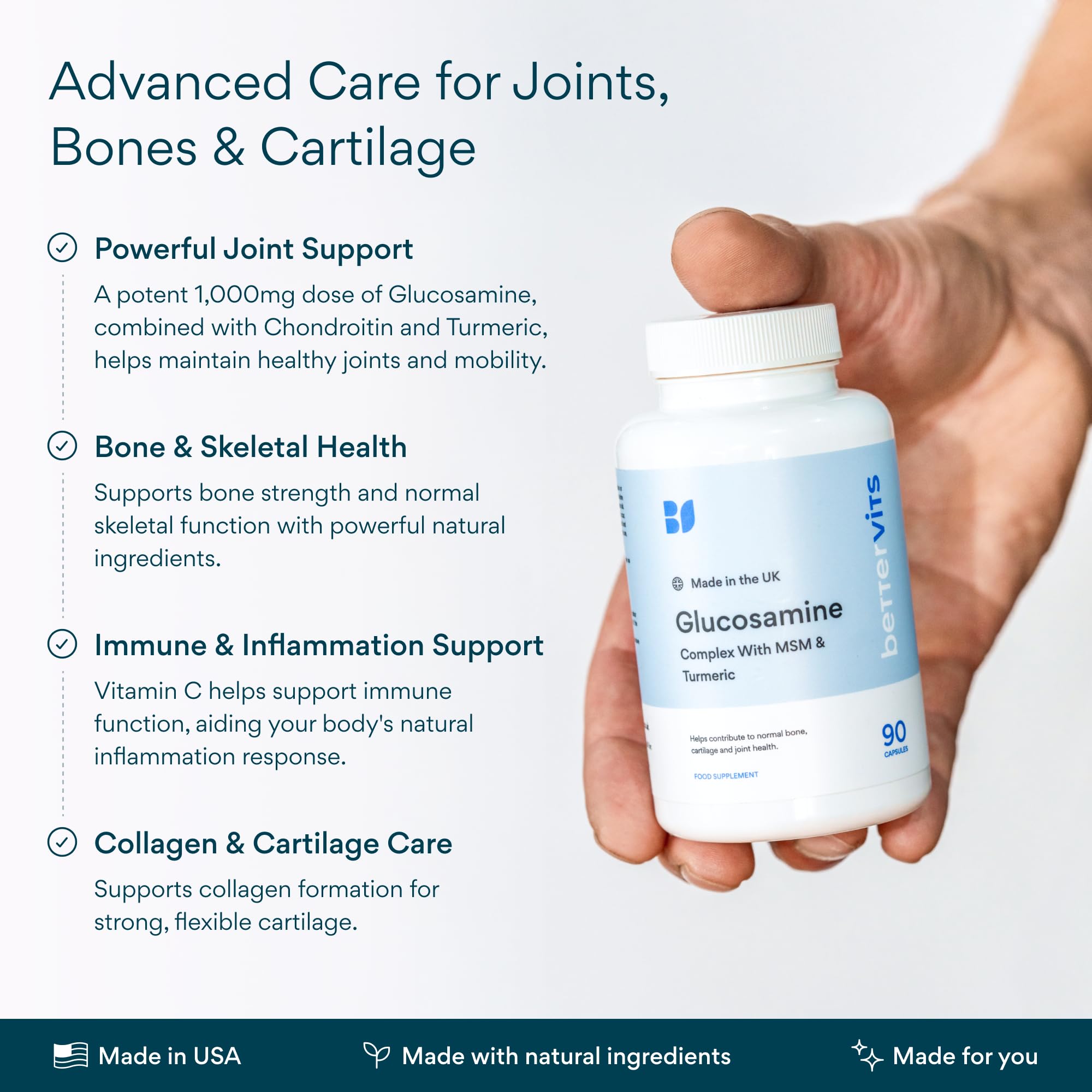 Bettervits Glucosamine Complex with MSM Сhondroitin | Joint Supplements for Women and Men with Vitamin C | Arthritis Support Supplement for Mobility & Flexibility - 90 Capsules Bettervits Au supplements