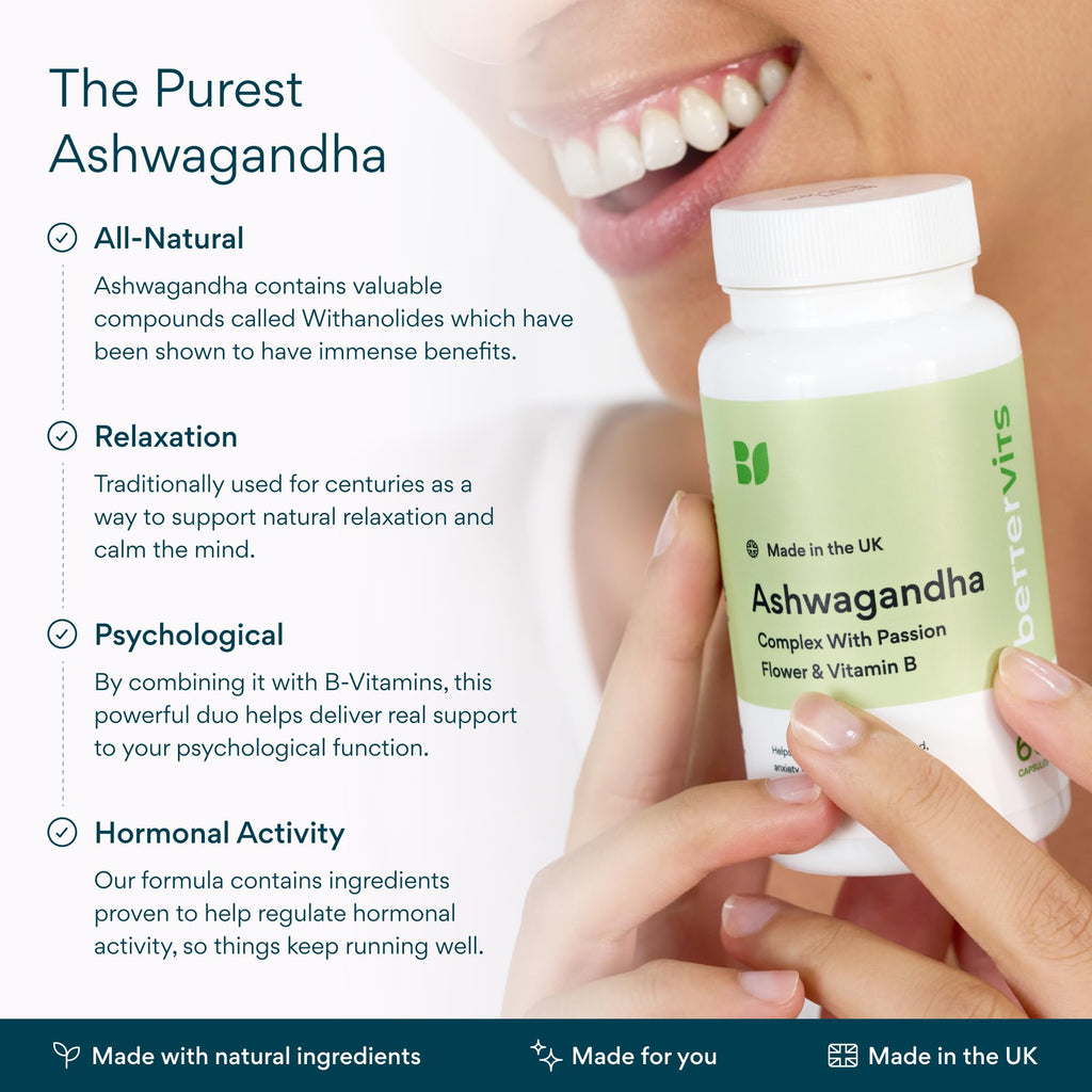 Bettervits Ashwagandha Complex with Passion Flower and Vitamin B – KSM-66® Organic Root Extract 800 mg – Supports Calm, Energy and Emotional Balance – 60 Capsules Bettervits Au supplements