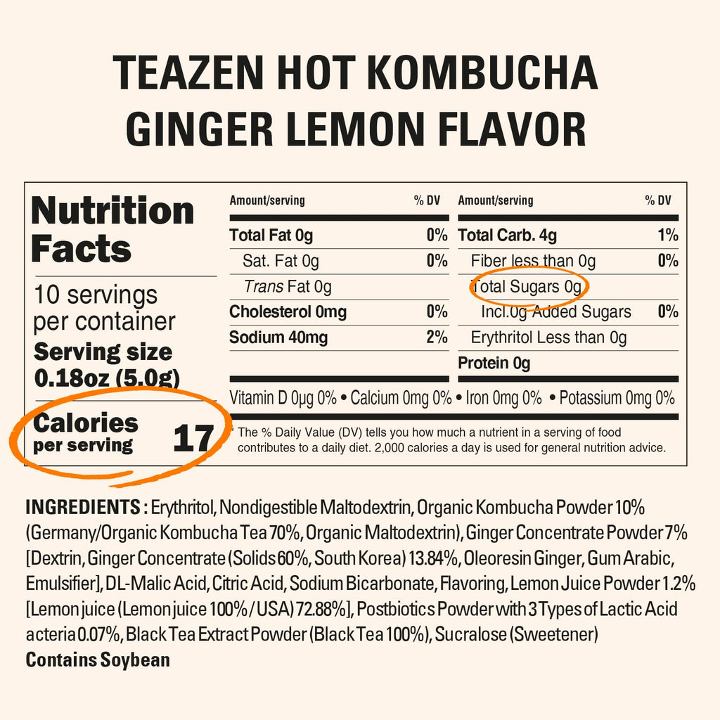 TEAZEN Lemon Ginger Hot Kombucha Tea, Live Probiotics & Postbiotics, Relaxation and Warmth for Colds and Sore Throat, Hydration Drink Mix, Sugar Free, 30 Sticks, 5.29oz TEAZEN Au supplements