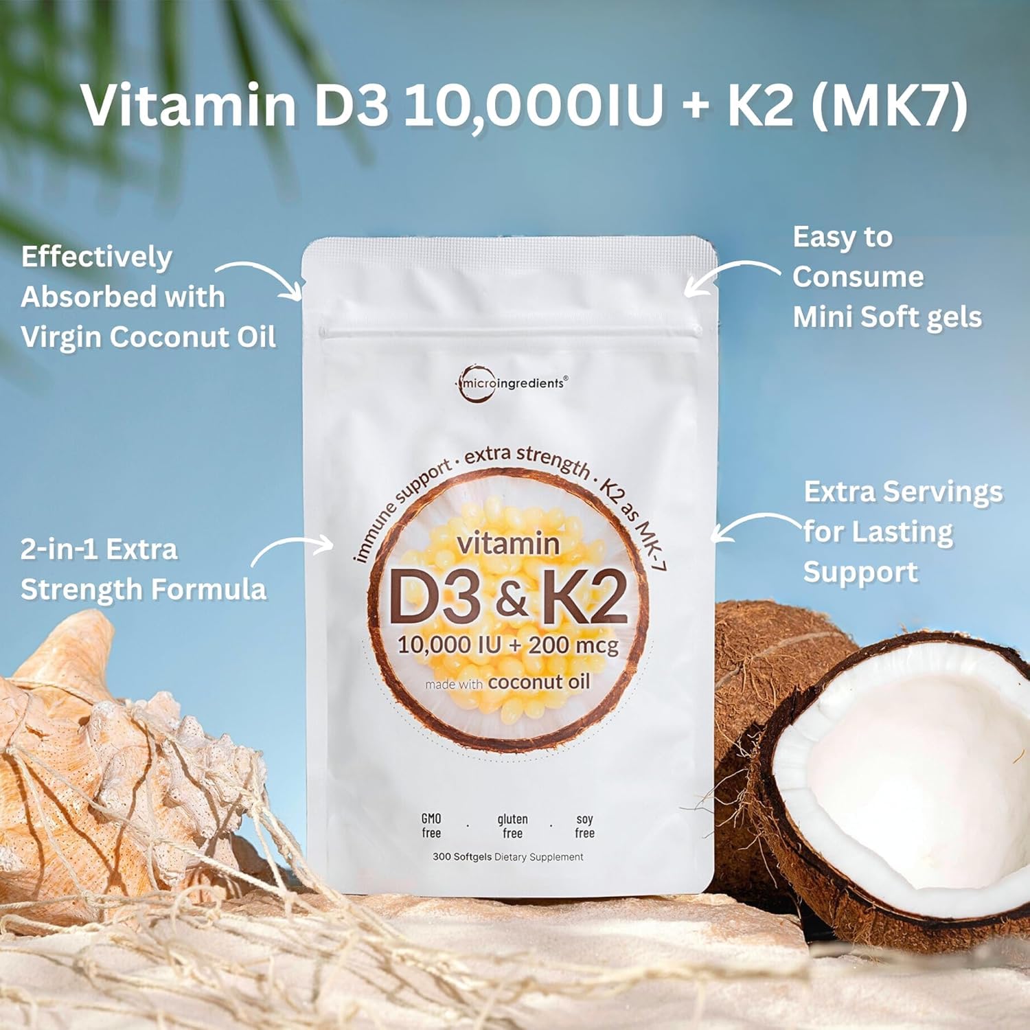Micro Ingredients Vitamin D3 10,000 IU + K2 MK-7 200 mcg, 300 Softgels with Virgin Coconut Oil | 2-in-1 Vitamins D & K Complex