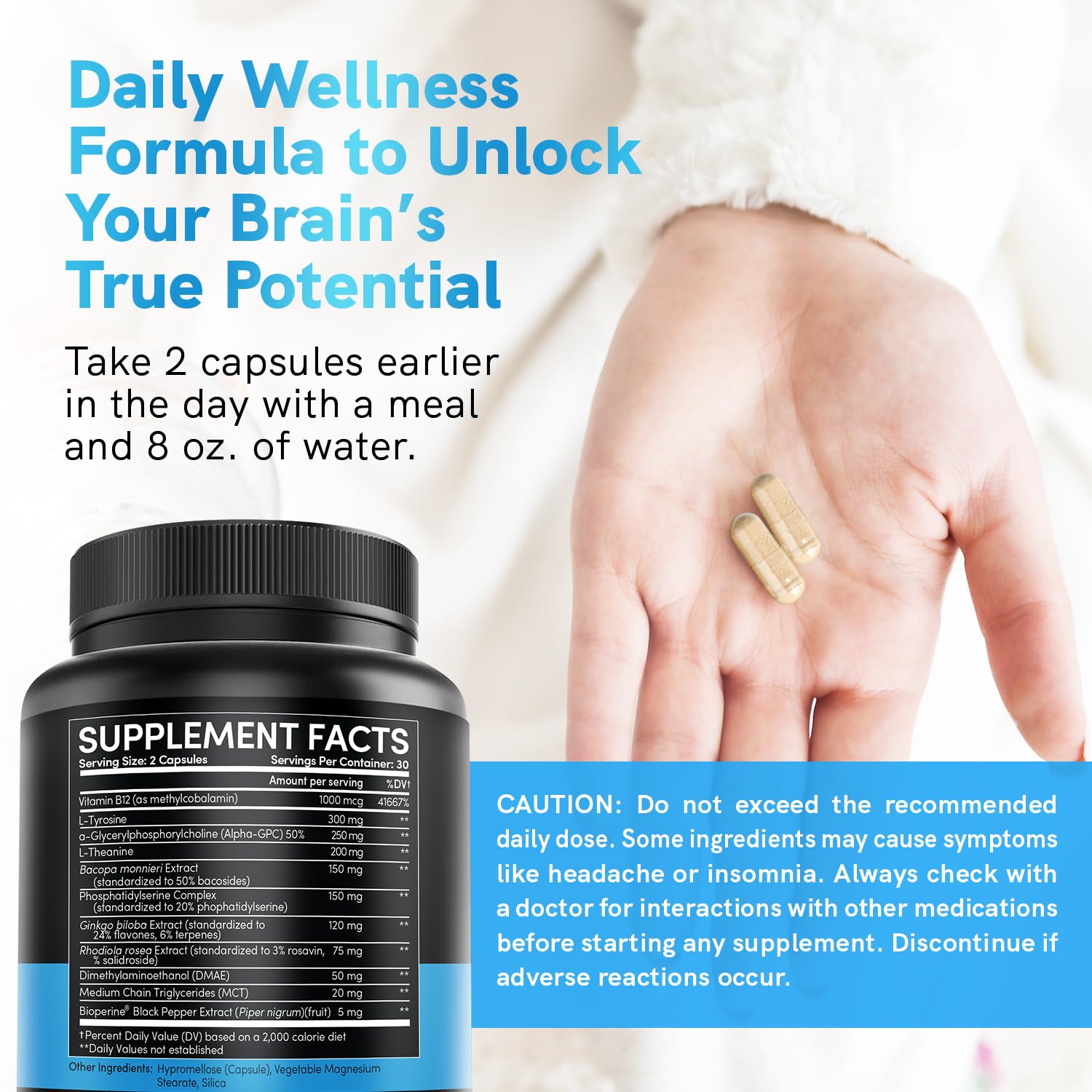 12-in-1 Nootropic Brain Supplement Anhydrous: Ginkgo Biloba for Brain Support, Memory and Focus - B12, Alpha GPC, L Theanine and Choline Supplements with Bioperine Non Caffeinated 1321mg (60ct) MEDCHOICE Au supplements