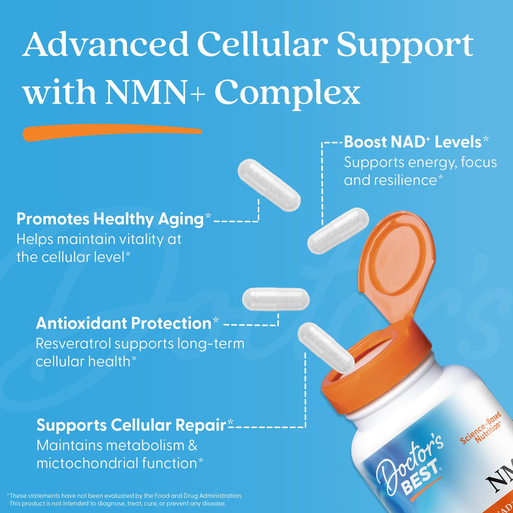Doctor's Best NMN+ Complex Supplement Capsules for Women & Men - Supports NAD+ Production, Resveratrol 100mg & Beta Nicotinamide Mononucleotide 200mg per Capsule, Cellular Energy Support - 60 Veg Caps Doctor's BEST Au supplements