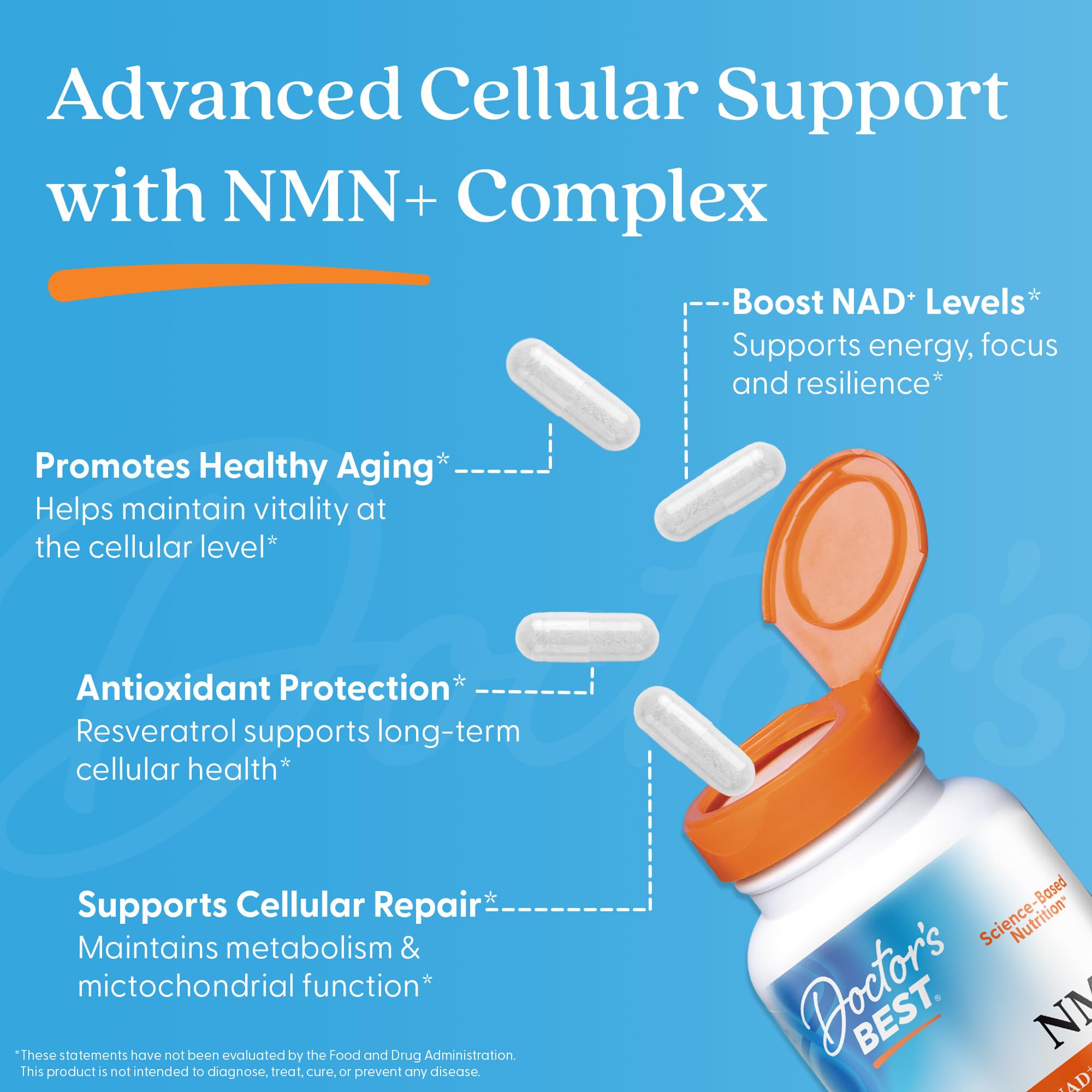 Doctor's Best NMN+ Complex Supplement Capsules for Women & Men - Supports NAD+ Production, Resveratrol 100mg & Beta Nicotinamide Mononucleotide 200mg per Capsule, Cellular Energy Support - 60 Veg Caps Doctor's BEST Au supplements
