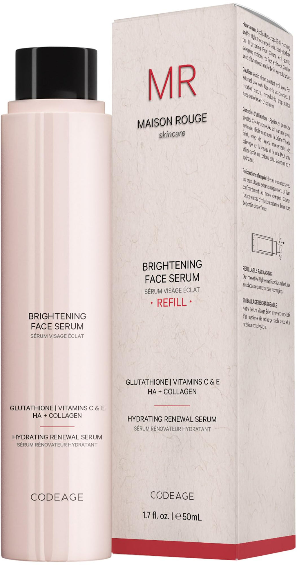 Maison Rouge Brightening Face Serum Refill by Codeage – Glutathione, Vitamin C, E, Hyaluronic Acid & Collagen – Radiance & Antioxidant Support – Paraben-Free – For All Skin Types – 1.7 fl oz Codeage Au supplements
