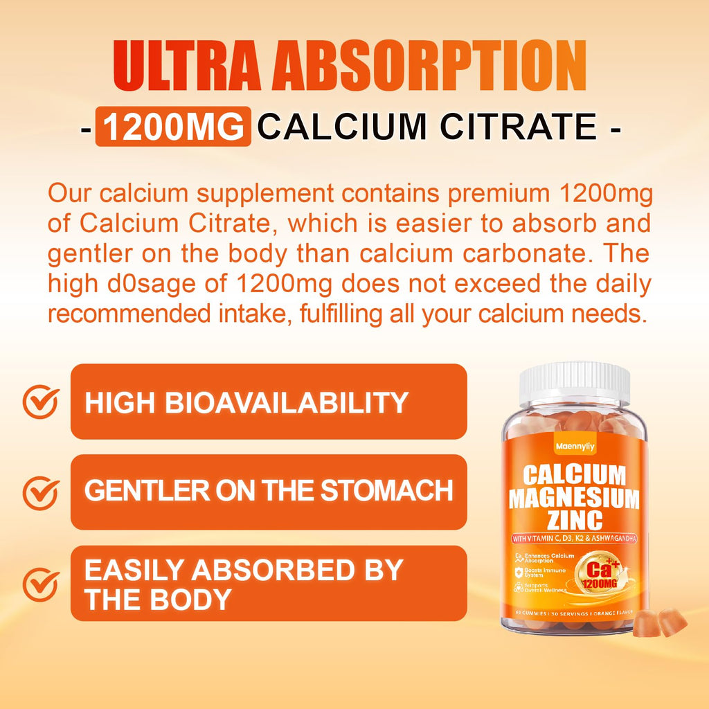 Calcium 1200 mg with Vitamin D3 Gummies for Adults - Calcium Citrate with Vitamin D3 K2, Magnesium, Zinc, Boron, Copper and Ashwagandha