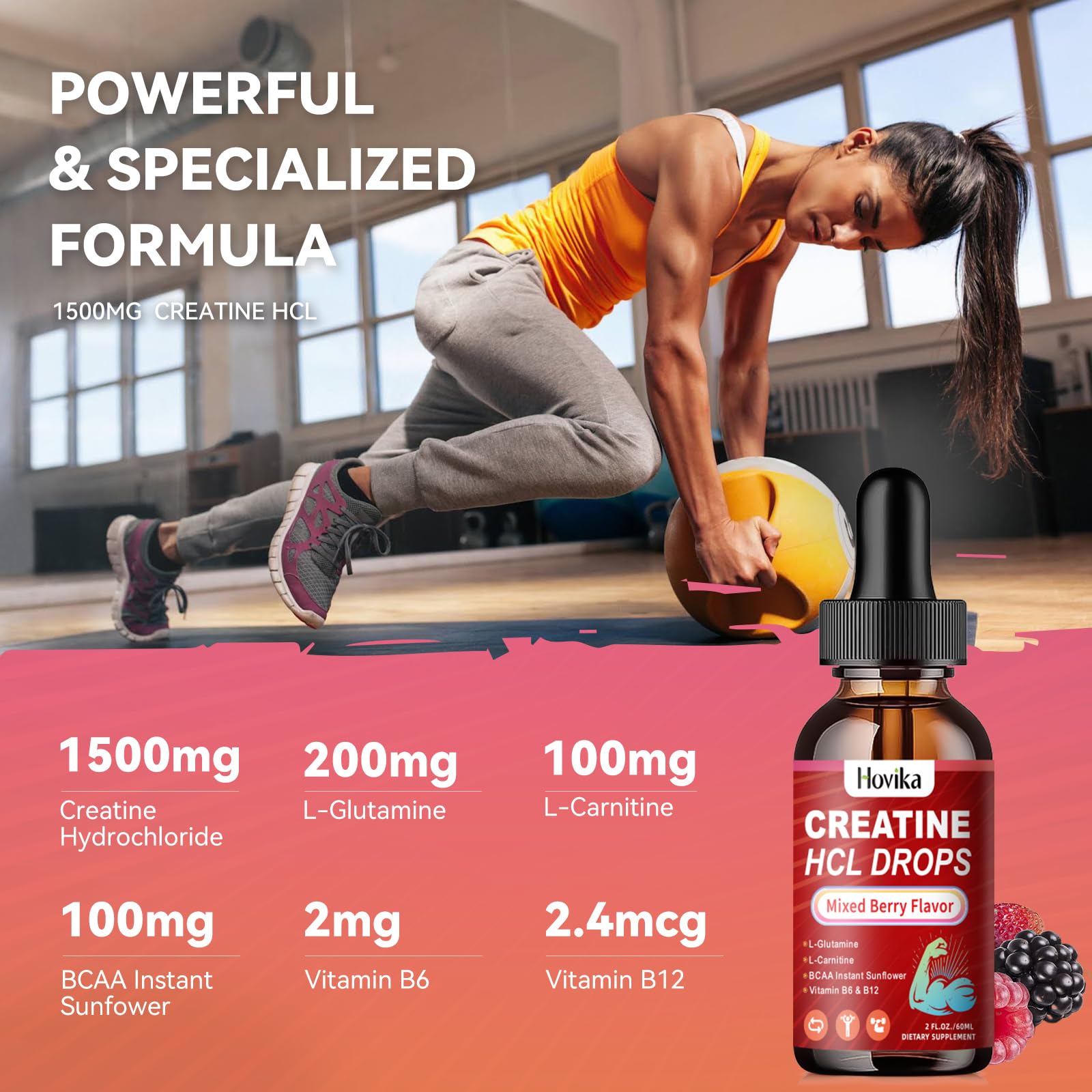 Creatine HCL Liquid Drops for Men & Women, Creatine Hydrochloride with L-Carnitine, L-Glutamine, BCAA, Vitamin B12 & B6 for Muscle Growth & Recovery-Vegan, Mixed Berry Flavor Flavor, 2 Fl Oz Hovika Au supplements