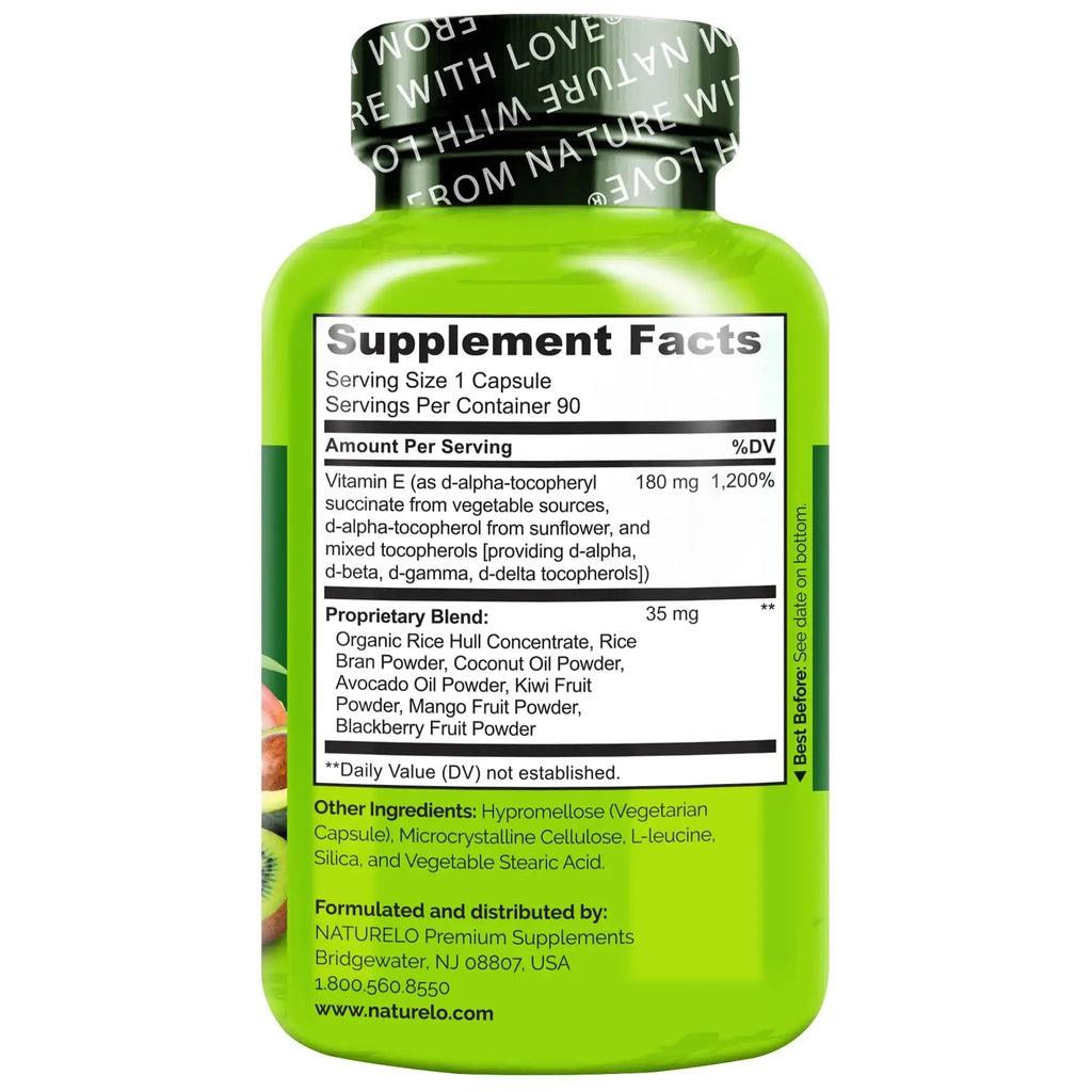 NATURELO Vitamin E Capsules 180 mg - 90 Vegan Capsules | Supports Skin, Hair, and Nails | Immune and Eye Health | NATURELO Au supplements