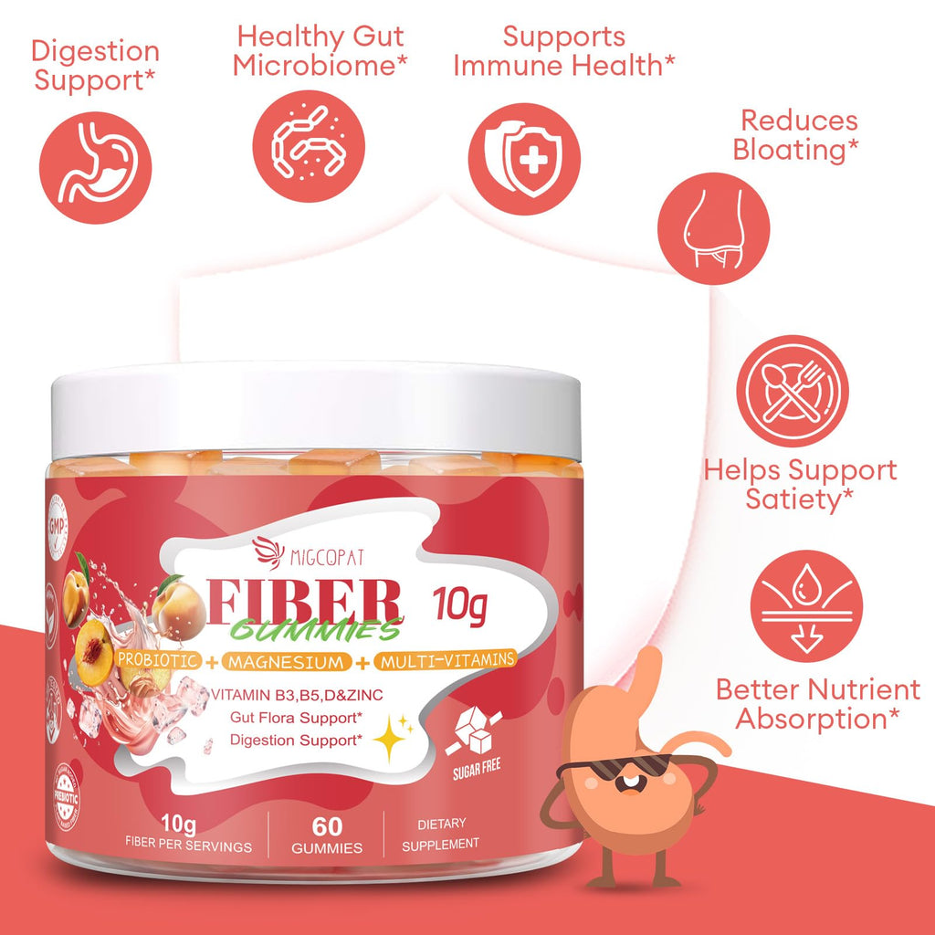 Migcopat 10G Fiber Gummies for Adults with Vitamins C, D, B3, B5 - Digestive & Gut Health Gummies with 30 Billion CFU Probiotics Blend, Inulin, ACV, Magnesium, Zinc