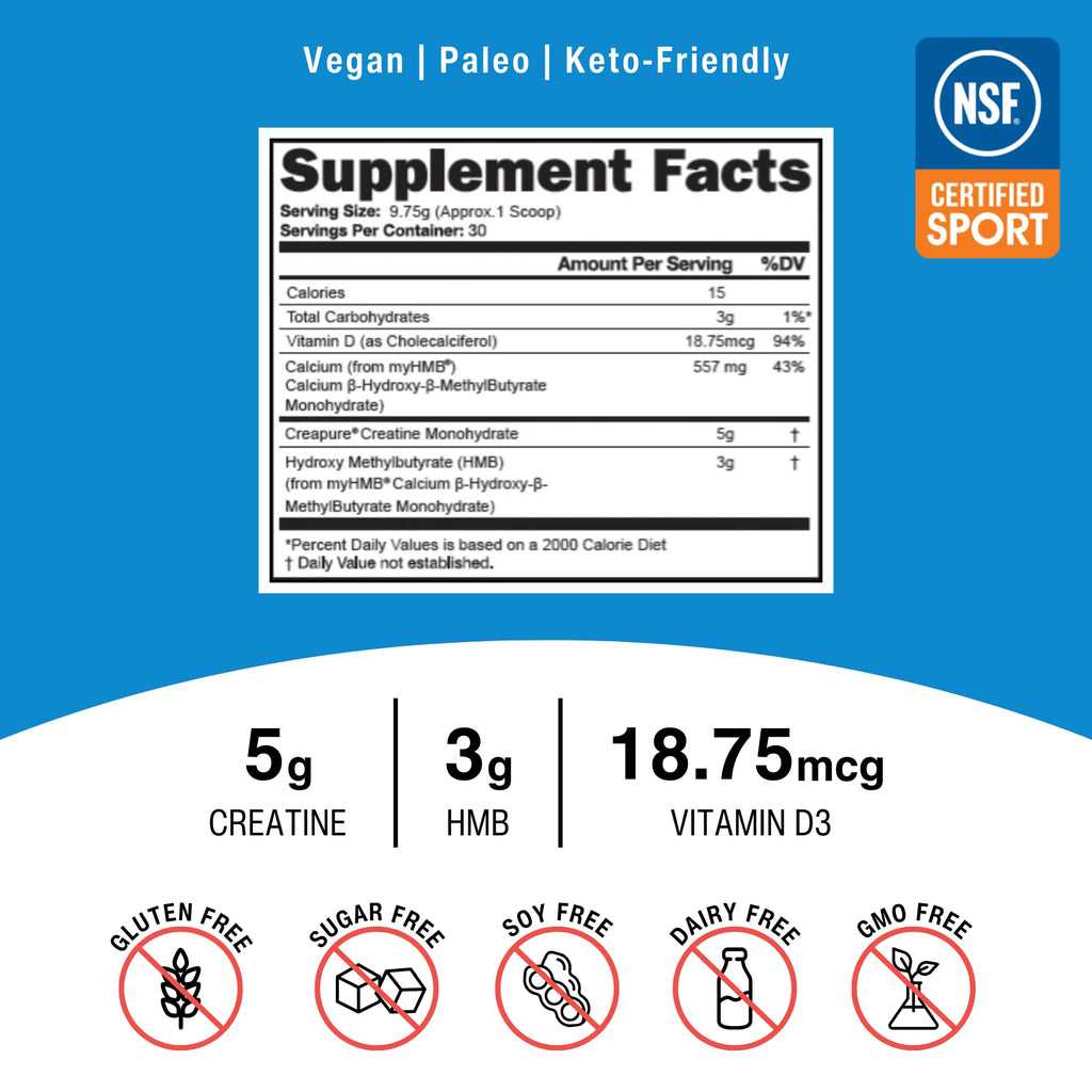 OptimalStack Creatine Monohydrate, HMB, & Vitamin D3 Stack | with Creapure Creatine, Clinical Dosage of myHMB, and Vitamin D3 | NSF for Sport Certified | Unflavored, 30 Servings OptimalAmino Au supplements