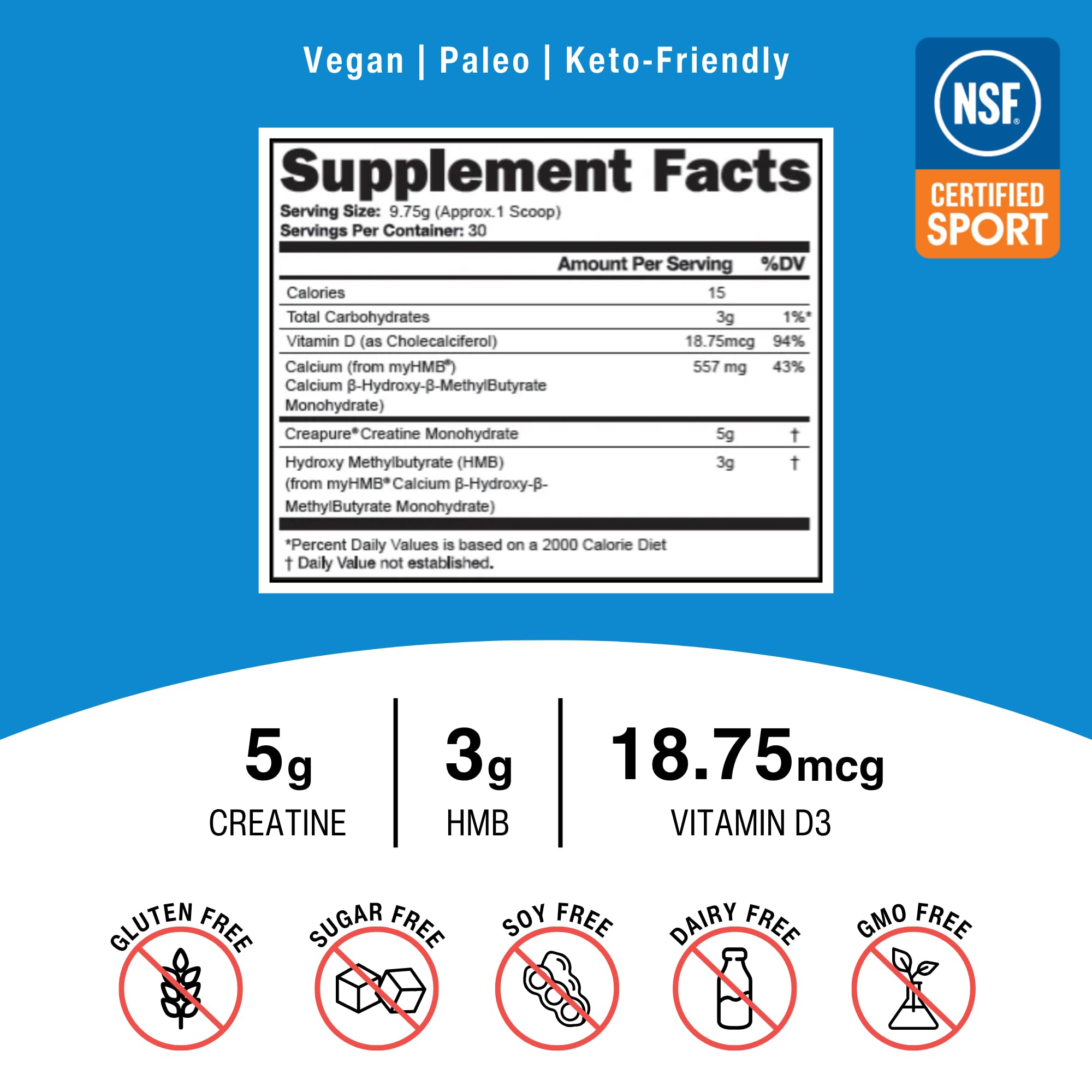 OptimalStack Creatine Monohydrate, HMB, & Vitamin D3 Stack | with Creapure Creatine, Clinical Dosage of myHMB, and Vitamin D3 | NSF for Sport Certified | Unflavored, 30 Servings OptimalAmino Au supplements