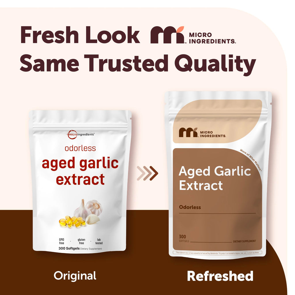 Micro Ingredients Odorless Garlic, 300 Softgels | 2 Years Aged Garlic Extract | Grown Allium Sativum Bulb