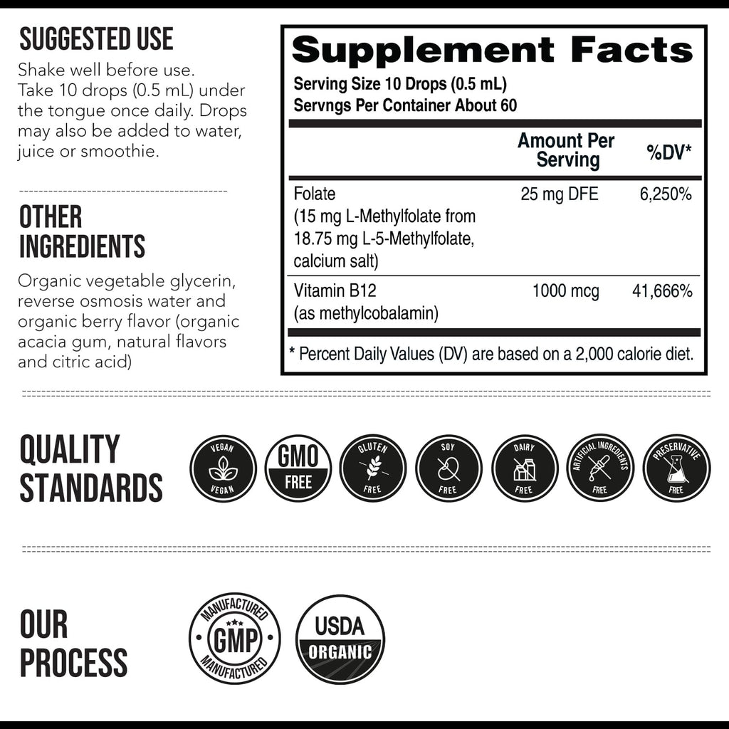L Methyl Folate 15mg Plus Methyl B12 Cofactor – Organic Berry Flavor, High Potency Liquid Sublingual Active 5-MTHF Form - Supports Mood, Methylation