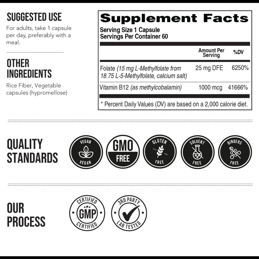L Methyl Folate 15mg Plus Methyl B12 Cofactor – High Potency, Active 5-MTHF Form - Supports Mood, Methylation, Cognition