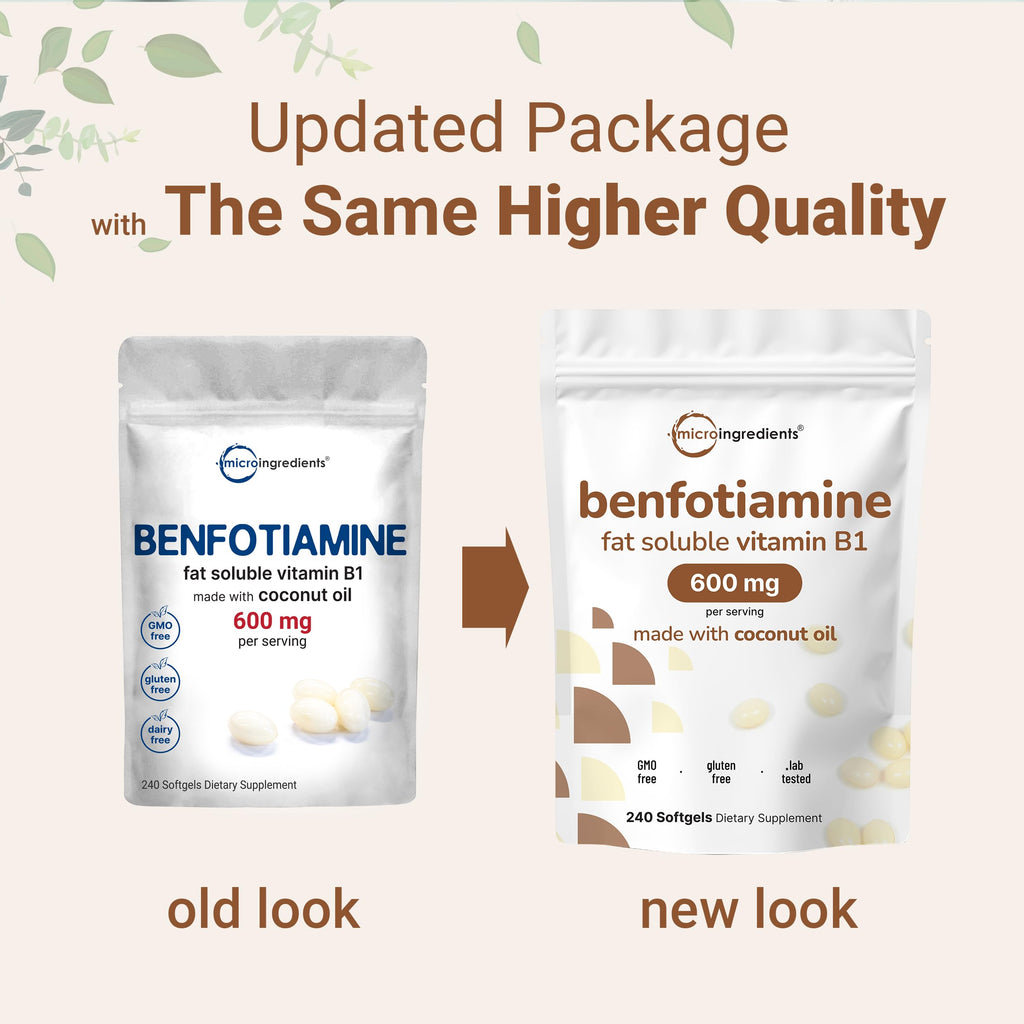 Vitamin B1 Benfotiamine 600mg Per Serving, 240 Coconut Oil Softgels | Bioavailable B Vitamins Supplement, Converted to Active Thiamine | Non-GMO, Soy Free