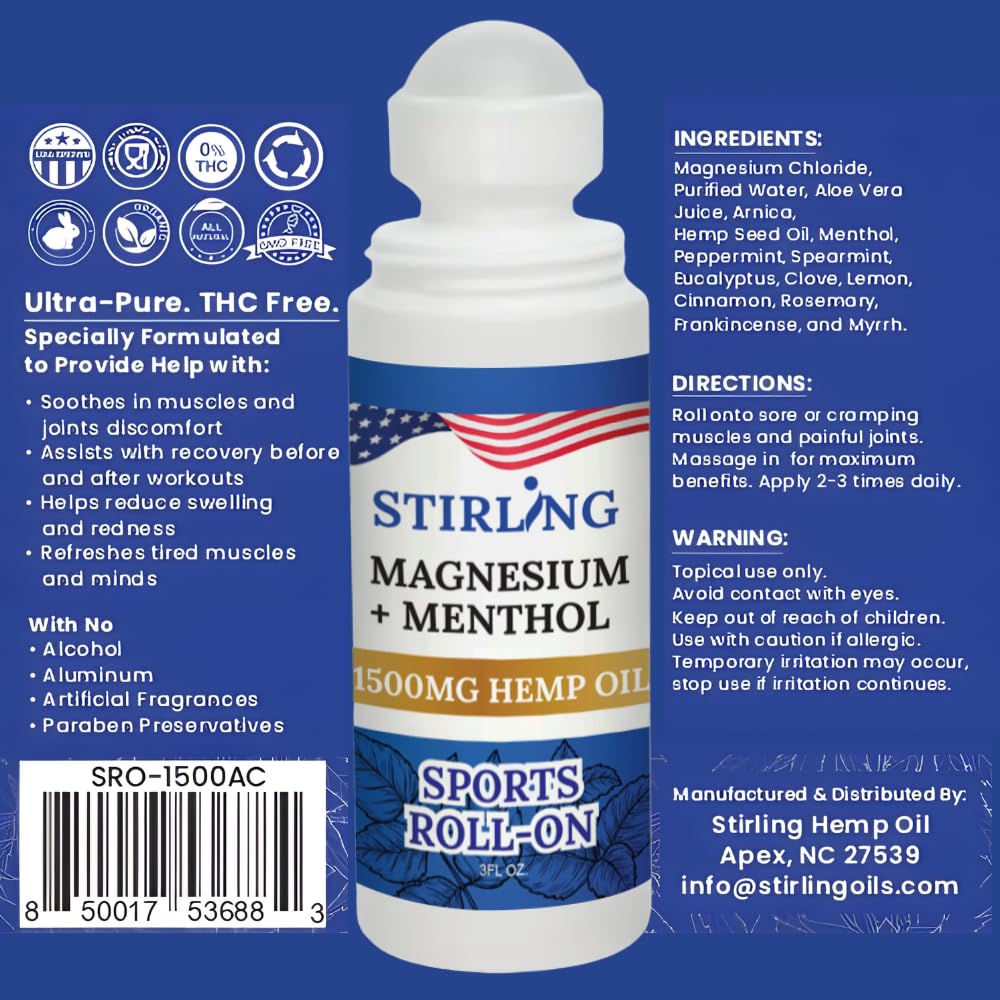 Stirling Menthol Roll On Lotion with Magnesium and 1500mg Pure Hemp - Non-GMO, THC-Free - Fast-Acting Relief for Sore Muscles and Joints, Reduces Swelling and Redness, Promotes Post-Workout Recovery STIRLING Au supplements