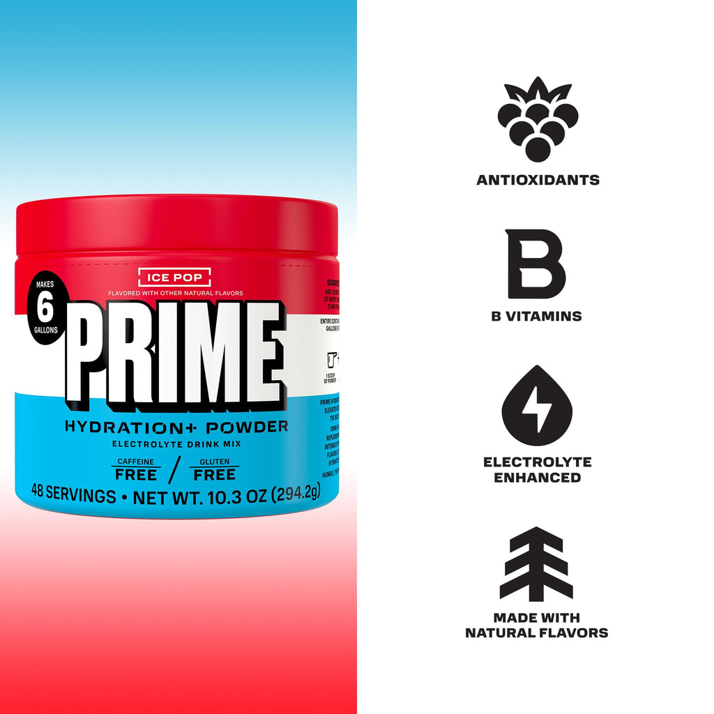 PRIME HYDRATION+ Electrolyte Powder, Ice Pop, Sugar Free Hydration Drink Mix with Potassium, Magnesium & B Vitamins to Replenish Fluids,