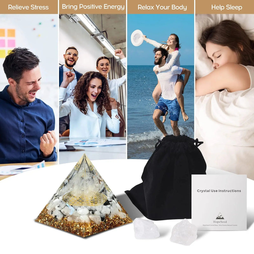 Hopeseed Orgone Pyramid for Positive Energy, Orgonite Rainbow Moonstone&White Crystal Hopeseed Au supplements