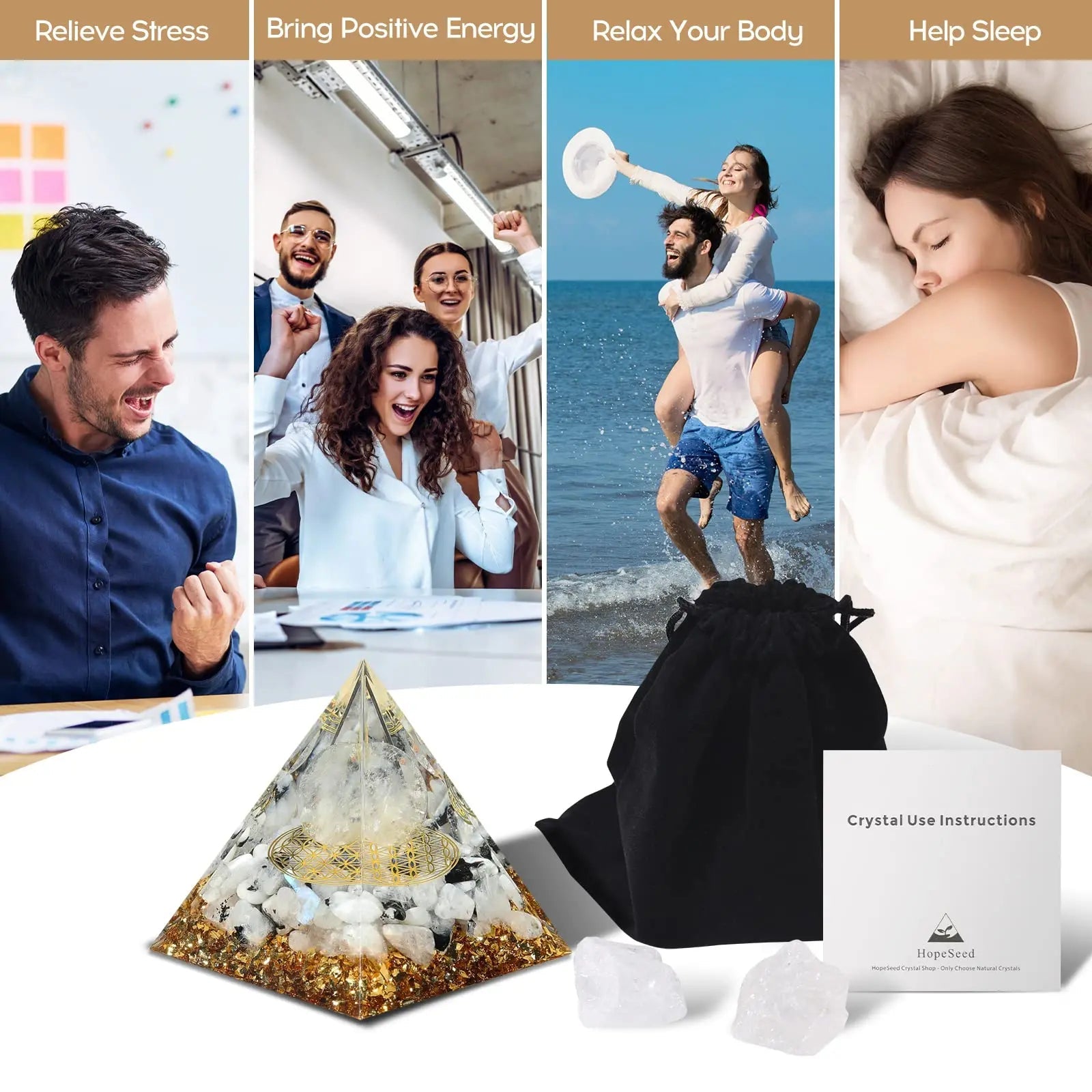 Hopeseed Orgone Pyramid for Positive Energy, Orgonite Rainbow Moonstone&White Crystal Hopeseed Au supplements