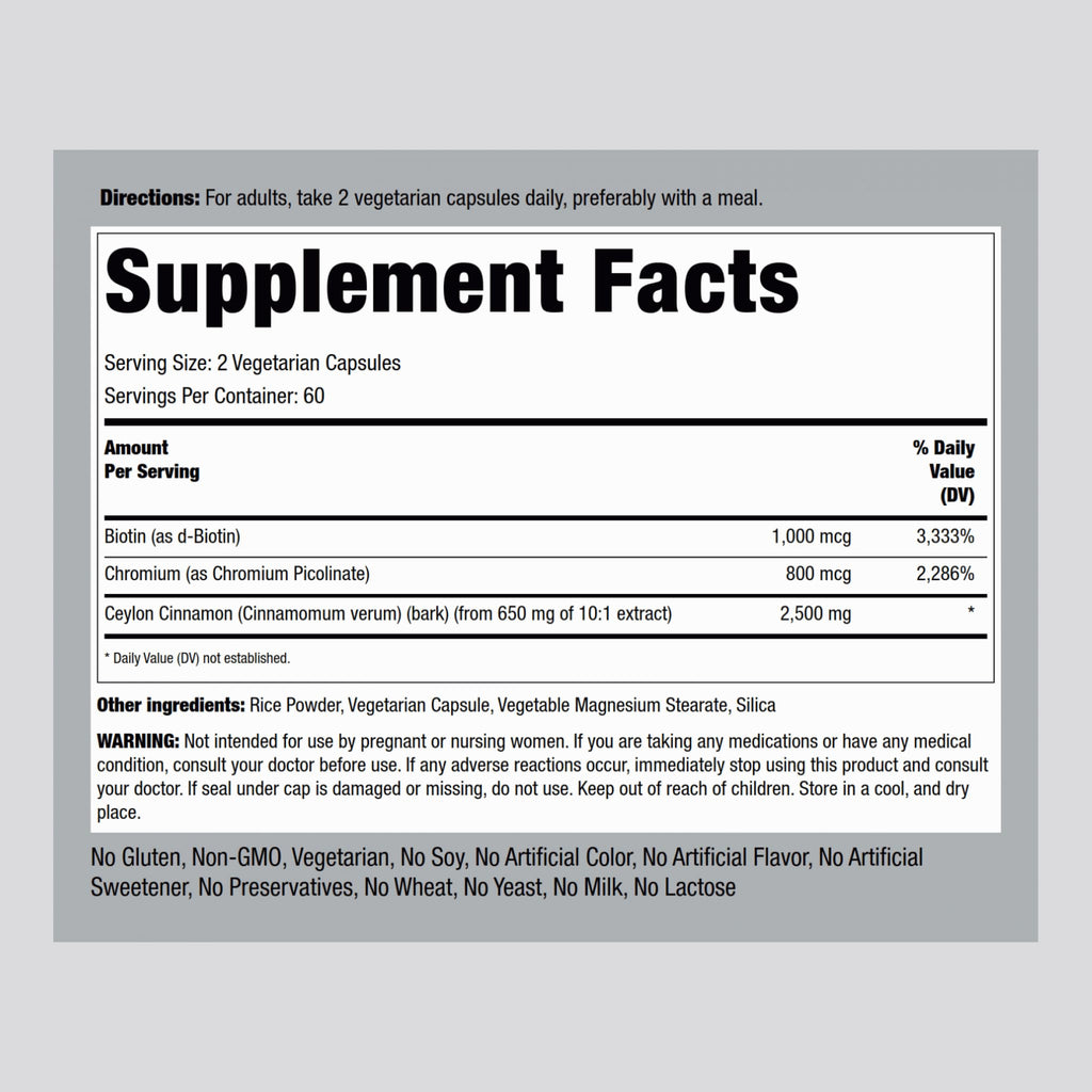 Piping Rock Ceylon Cinnamon Capsules | 120 Pills | Complex Supplement with Chromium and Biotin | Vegetarian, Non-GMO, Gluten Free