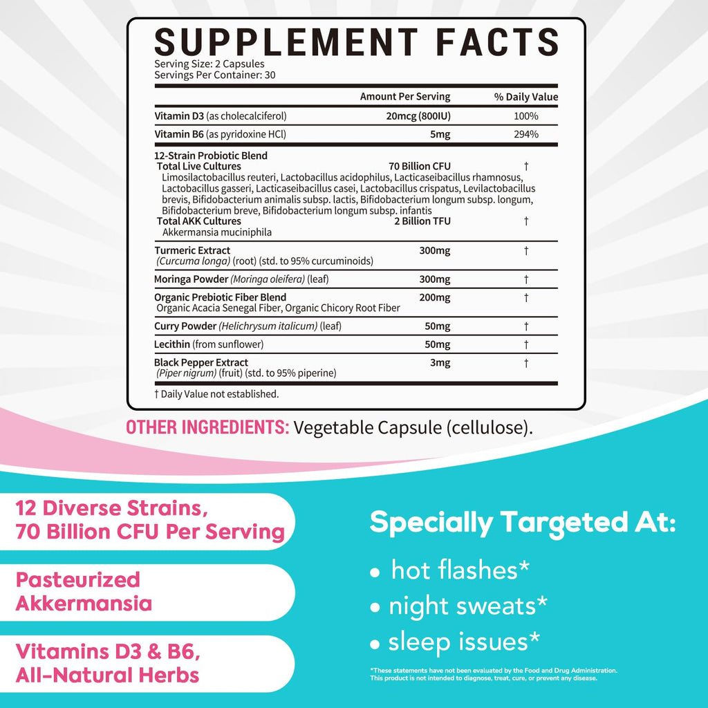 Surebounty Menopause Probiotic Supplement for Women, 70 Billion CFU, with Akkermansia Muciniphila, Vitamins B6 & D3, Botanicals, for Hormone Balance, Hot Flashes, Night Sweats, Gut Health, 60 Capsules Surebounty Au supplements