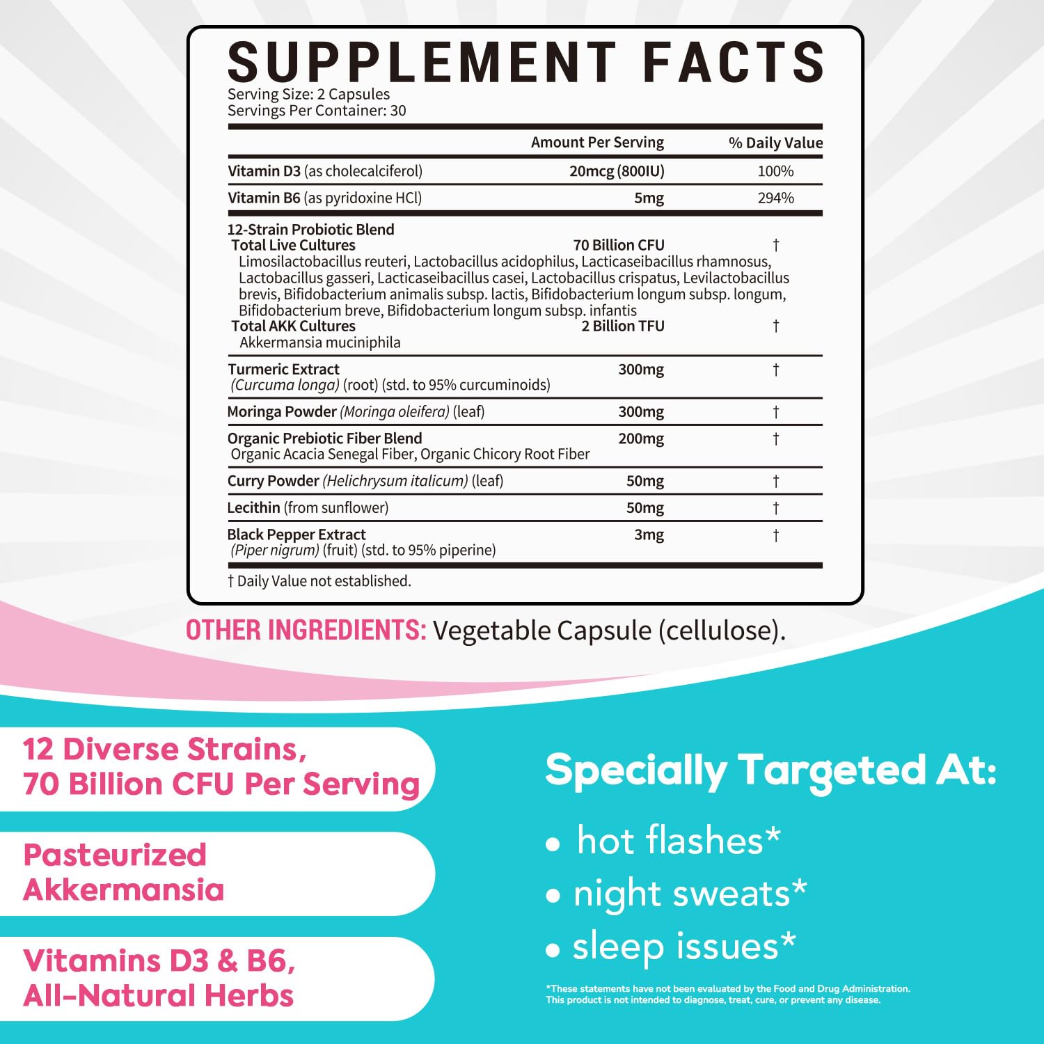 Surebounty Menopause Probiotic Supplement for Women, 70 Billion CFU, with Akkermansia Muciniphila, Vitamins B6 & D3, Botanicals, for Hormone Balance, Hot Flashes, Night Sweats, Gut Health, 60 Capsules Surebounty Au supplements