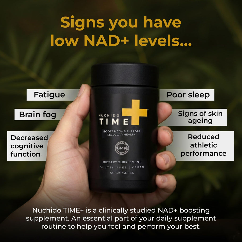 Nuchido Time+ NAD Supplement for Men & Women - Advanced Formula for Healthy Aging, Energy, Focus, Cellular Health & Longevity - Nicotinamide, Alpha Lipoic Acid, Quercetin - 90 Capsules Nuchido Time+ Au supplements