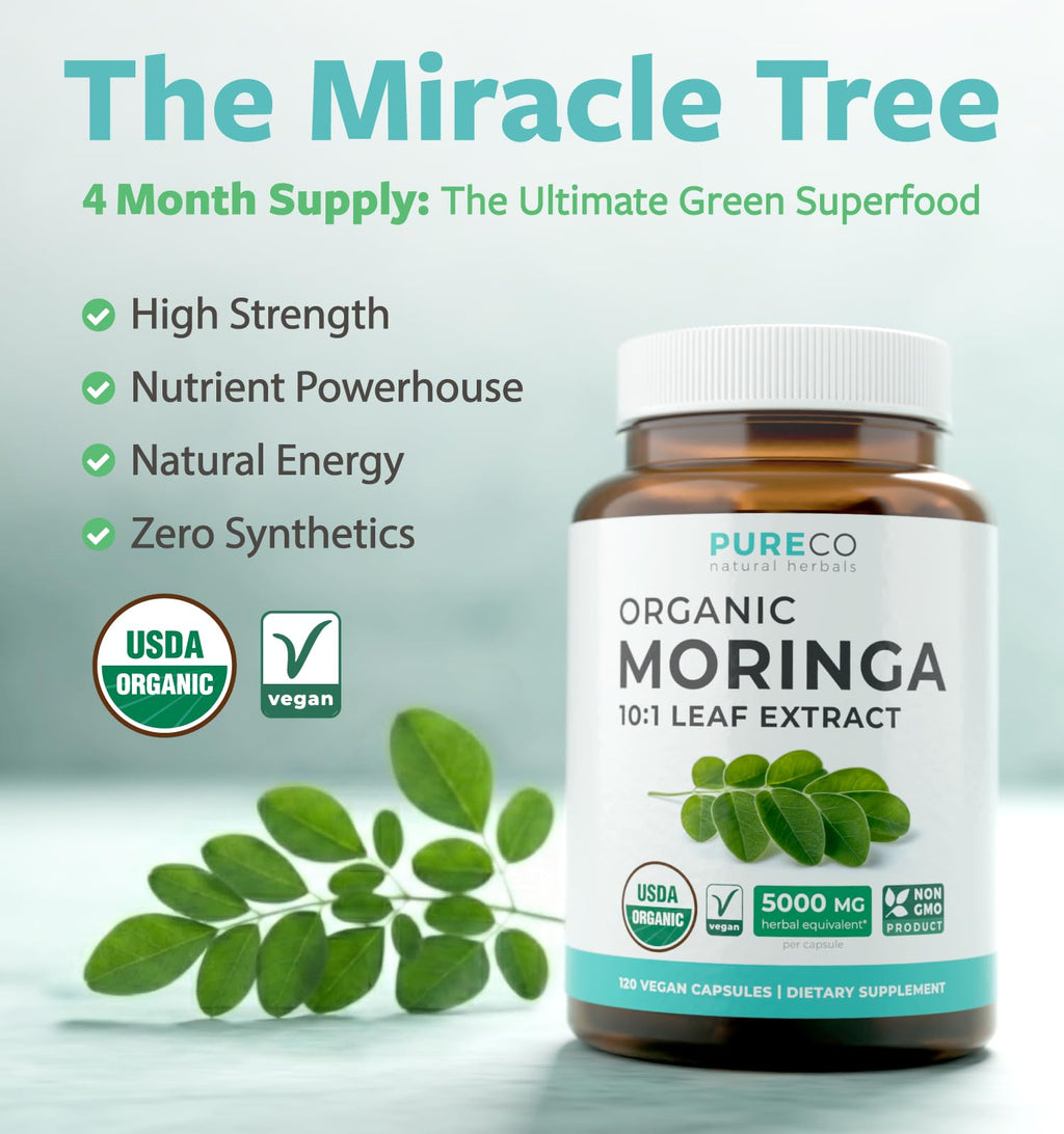 USDA Organic Moringa Capsules - High Potency Organic Moringa 500mg Extract 10:1 Per 1 Capsule Serving - Nutrient Dense Green Superfood Antioxidant