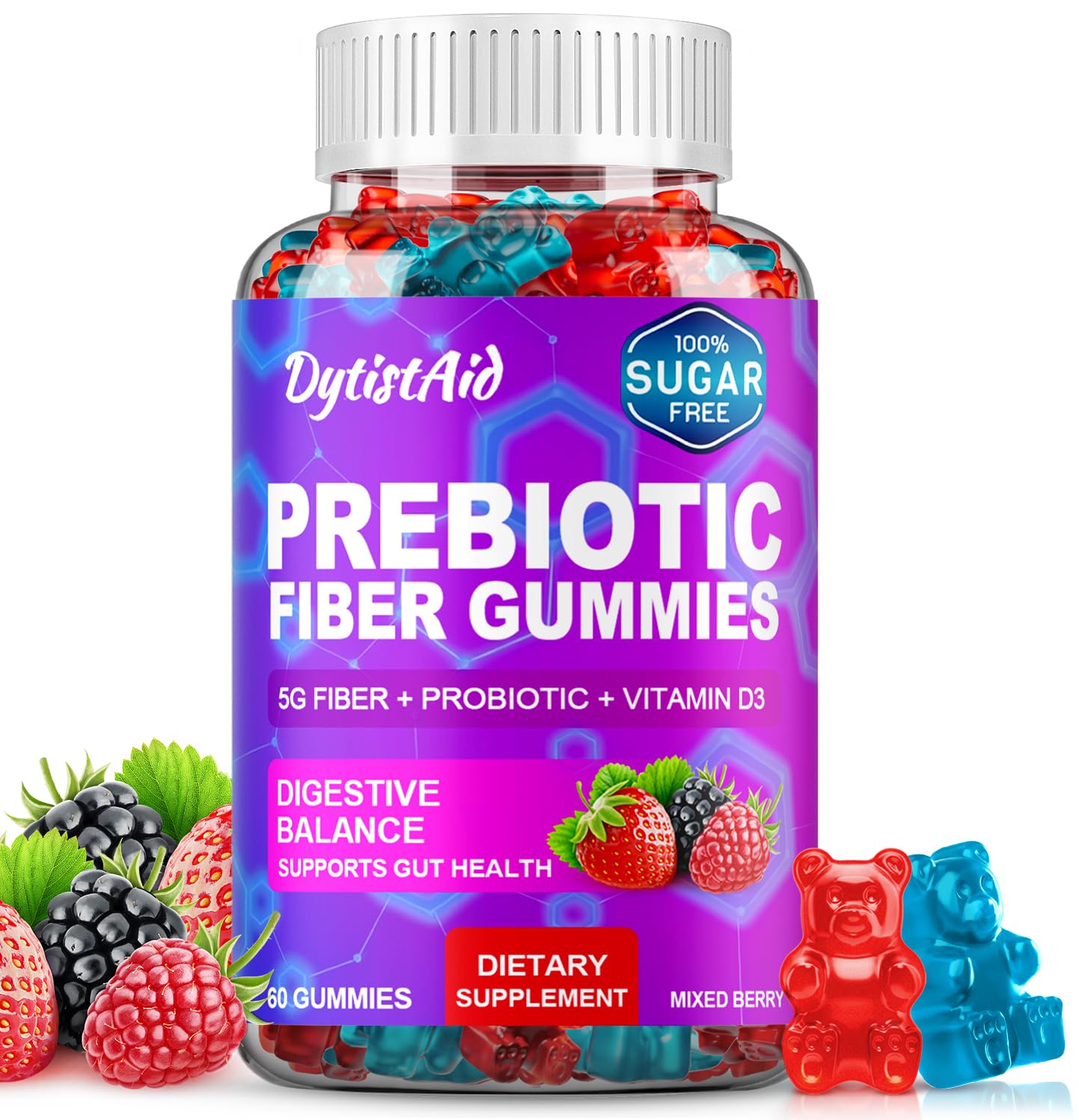Prebiotic Fiber Gummies, 5g Fiber per Serving, 2 Billion CFU Bacillus Coagulans + Vitamin D3, Sugar Free Pectin Mixed Berry Gummies, Inulin (FOS) + Acacia
