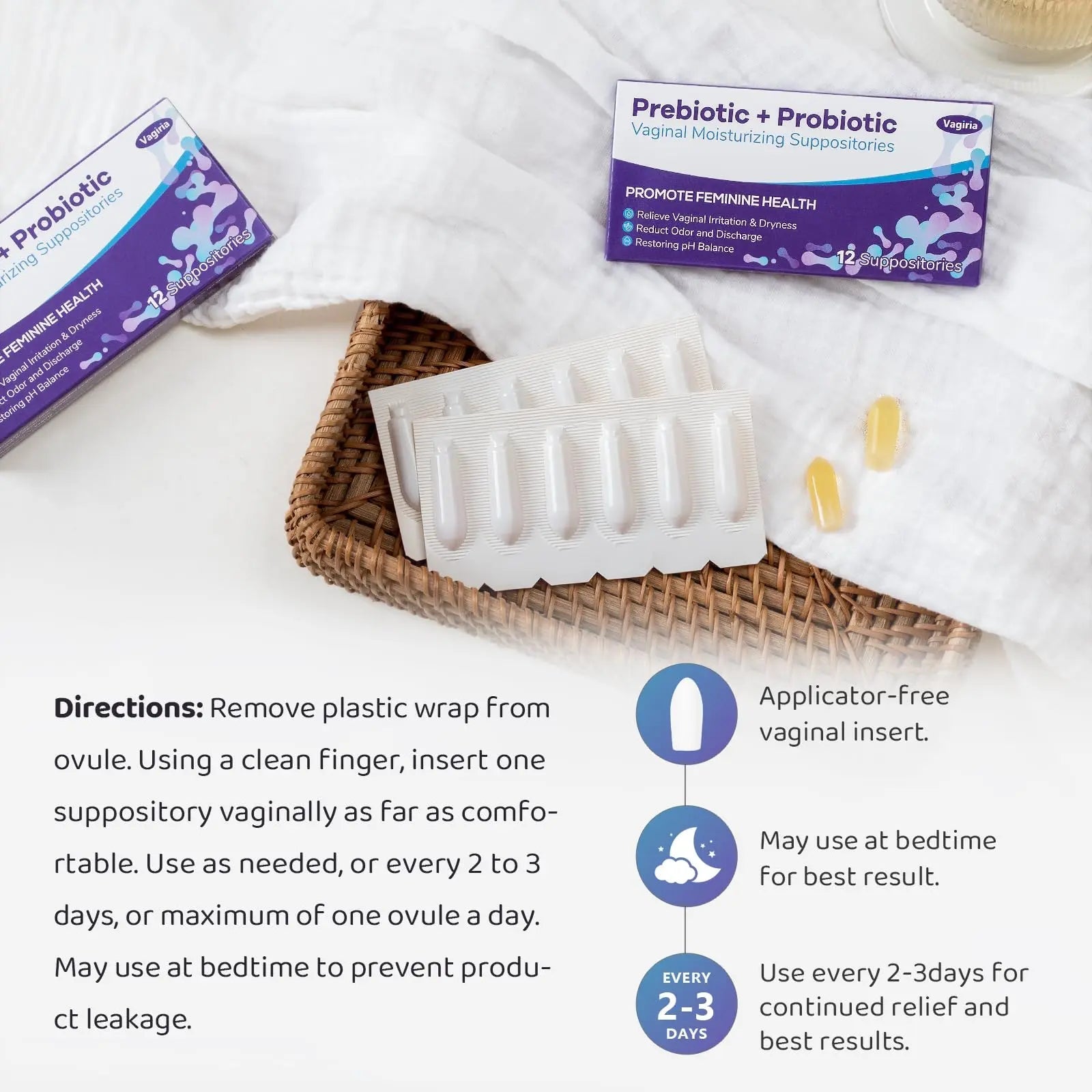 Vaginal Probiotic Suppositories, Prebiotic Infused with Hyaluronic Acid, Tea Tree, and Vitamin C&E Vagiria Au supplements