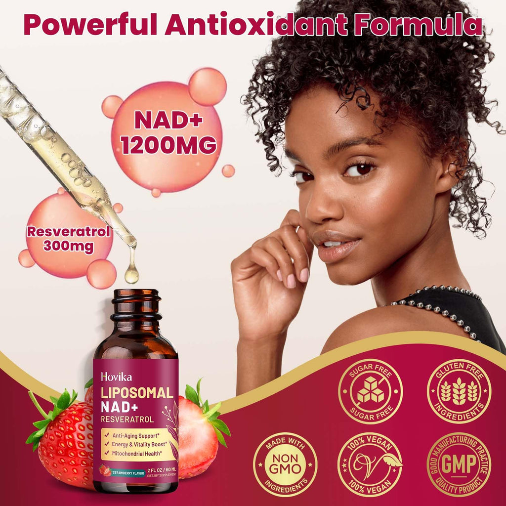 Liposomal NAD Supplement - 1200mg NAD+ Liquid Drops for Women & Men with Resveratrol, Black Pepper Extract - Support Anti-Aging, Brain & Cellular Mitochondrial Health - 2 Fl Oz, Strawberry Flavor Hovika Au supplements