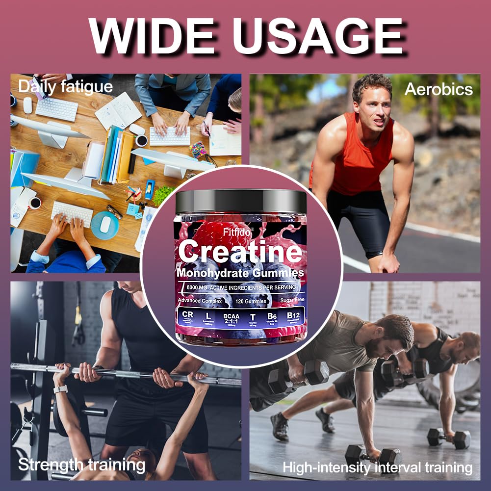 Creatine Monohydrate Gummies Complex 8000mg for Men and Women, Containing L-carnitine & Taurine, Build Muscle, Boost Energy, Faster Recovery, Sugar Free & Vegan