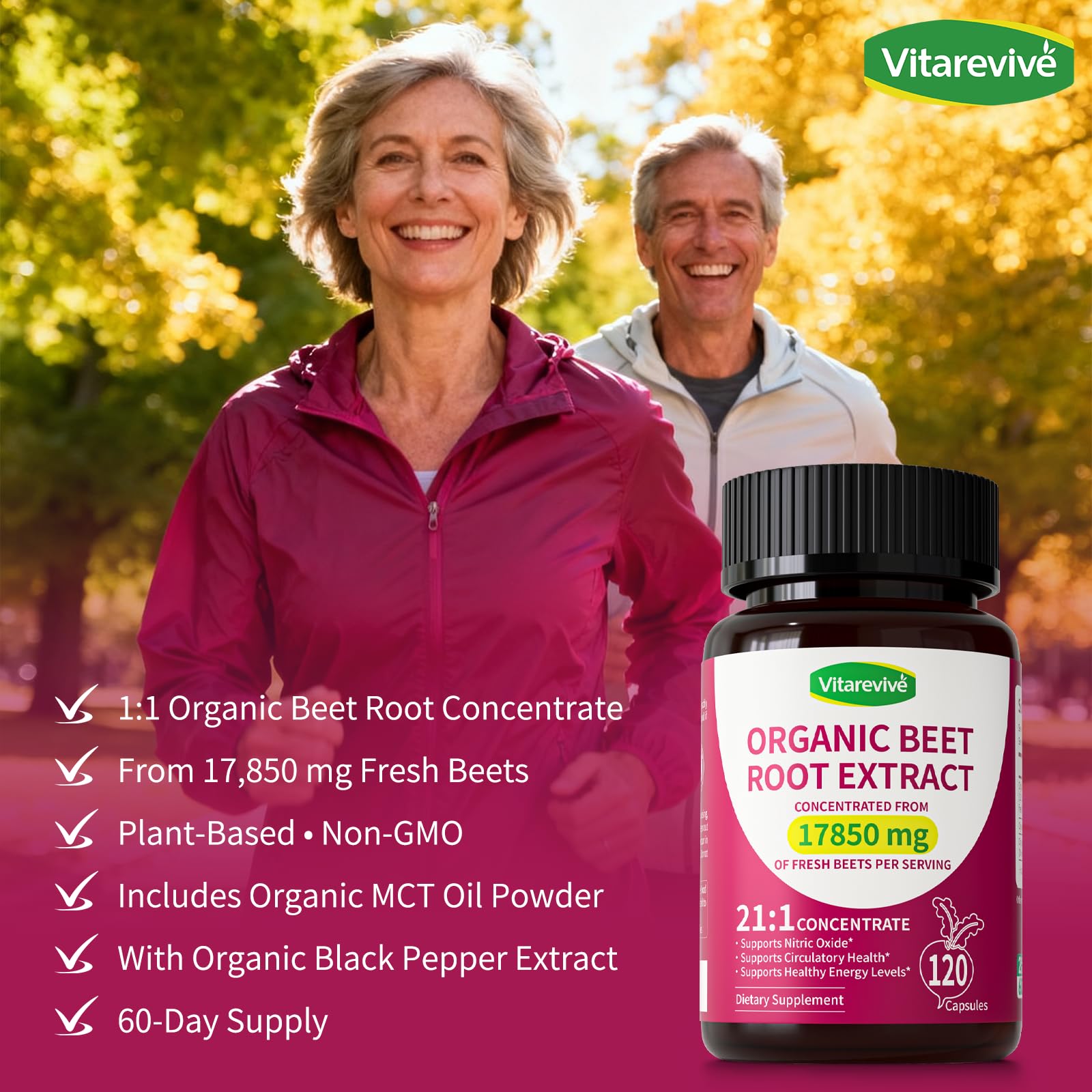 Vitarevive Organic Beet Root Capsules with Beetroot Extract 17850mg 21:1 Concentrated Beetroot Supplement Supports Circulation and Nitric Oxide