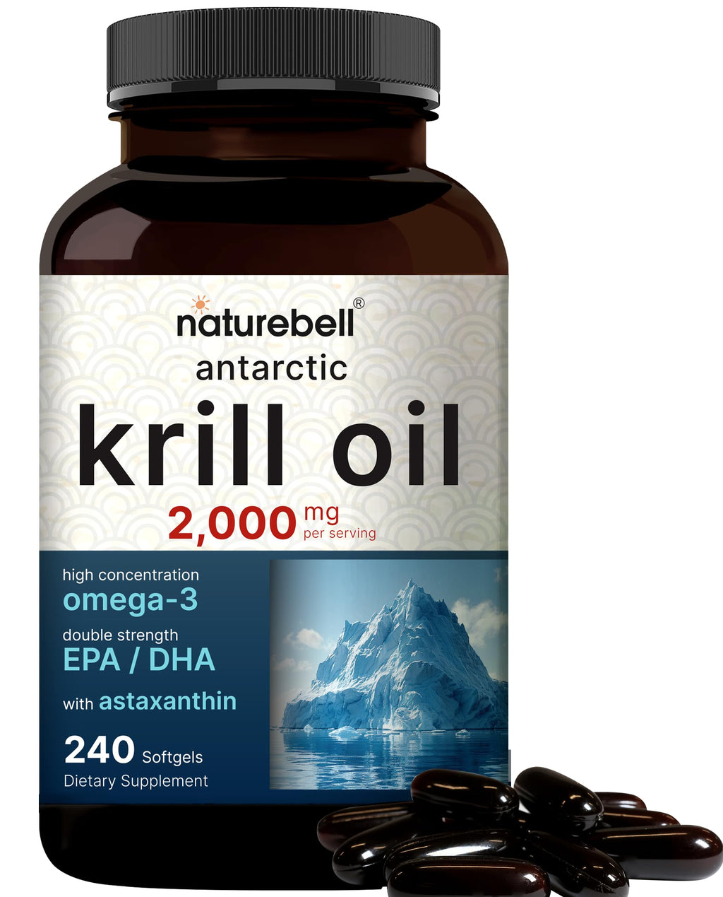 NatureBell Antarctic Krill Oil 2000mg Supplement, 240 Softgels, 3X Strength Natural Source of Omega-3s, EPA 240mg + DHA 160mg + Astaxanthin 800mcg