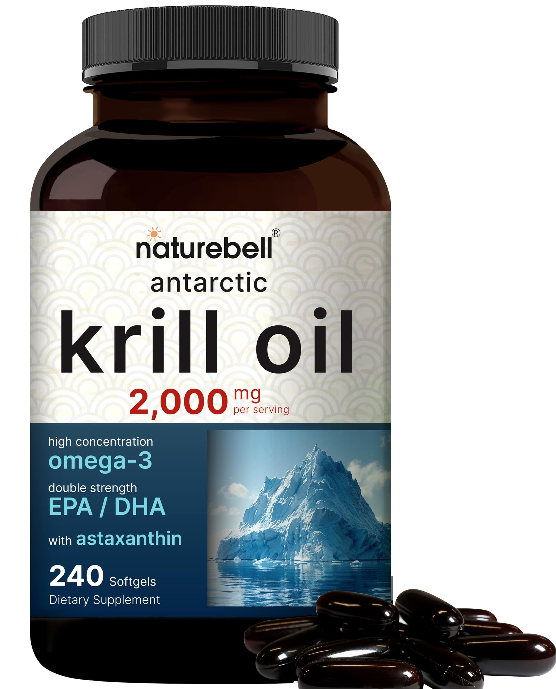 NatureBell Antarctic Krill Oil 2000mg Supplement, 240 Softgels, 3X Strength Natural Source of Omega-3s, EPA 240mg + DHA 160mg + Astaxanthin 800mcg