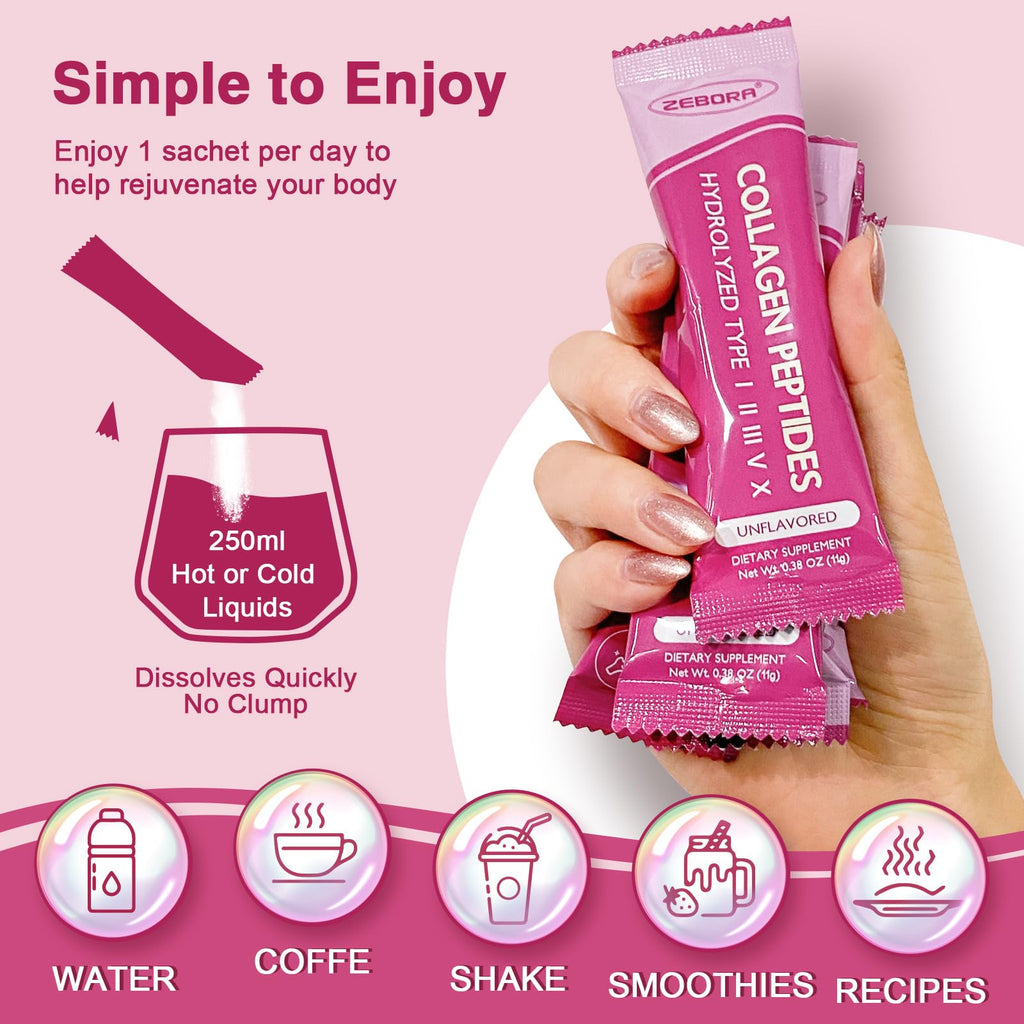 ZEBORA Multi Collagen Peptides Powder Packets with Hyaluronic Acid, Biotin, MCT - Hydrolyzed Collagen with 5 Billion Probiotics