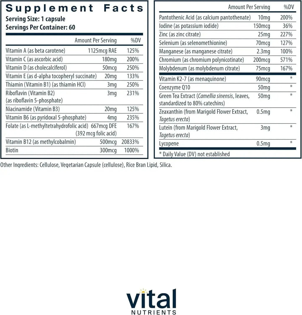 Vital Nutrients Once Daily Multivitamin | Vegan Multi for Women & Men | Allergen-Free | 19 Essential Vitamins + Antioxidants for Eye and Heart Health | Vital Nutrients Au supplements
