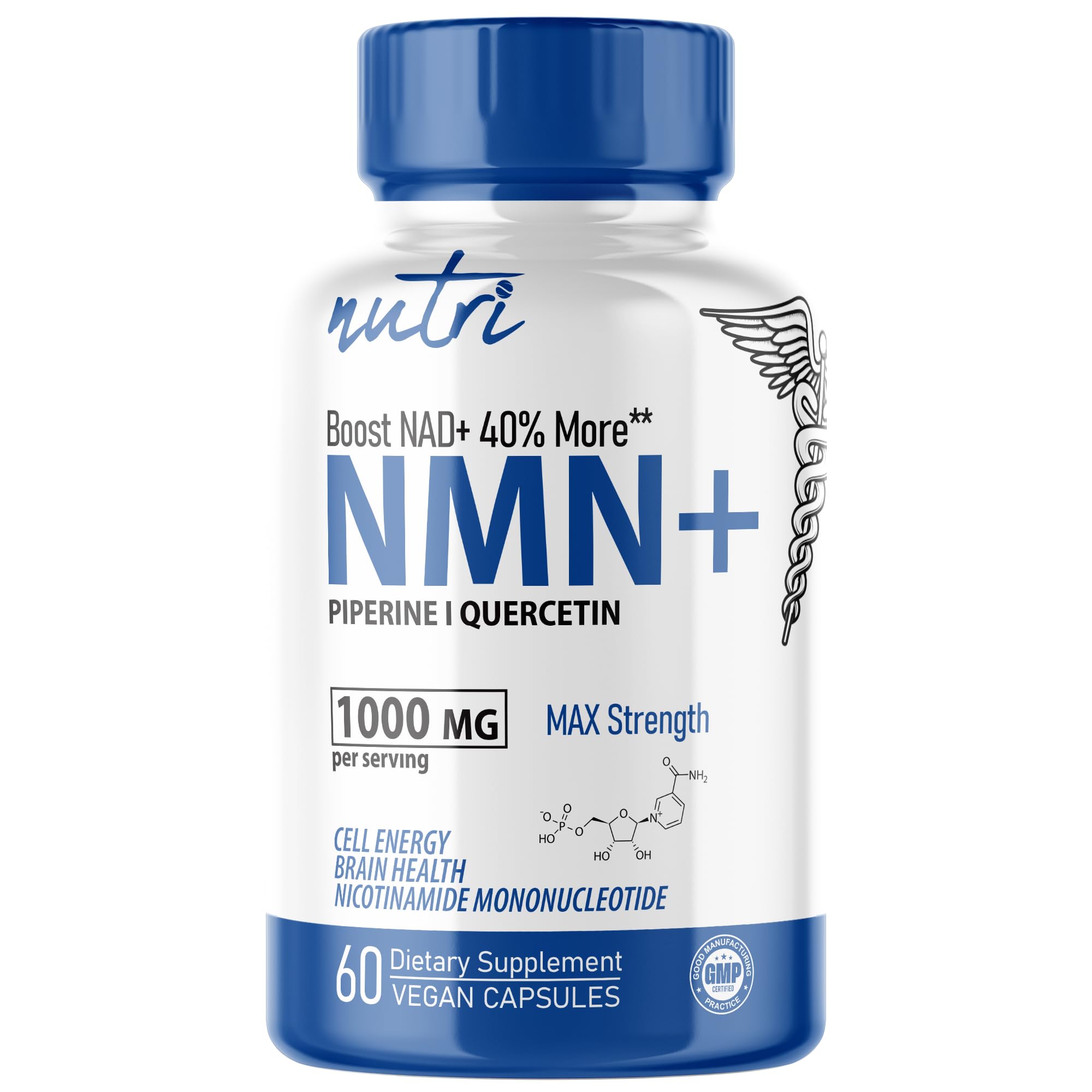 NMN Supplement 1000mg NAD Supplement - Nutri Ultra High Absorption Stabilized NMN Nicotinamide Mononucleotide, 40% More NAD+ with Quercetin Phytosome & Black Pepper - mnm supplement (60 Capsules) Nature's Fusions Au supplements