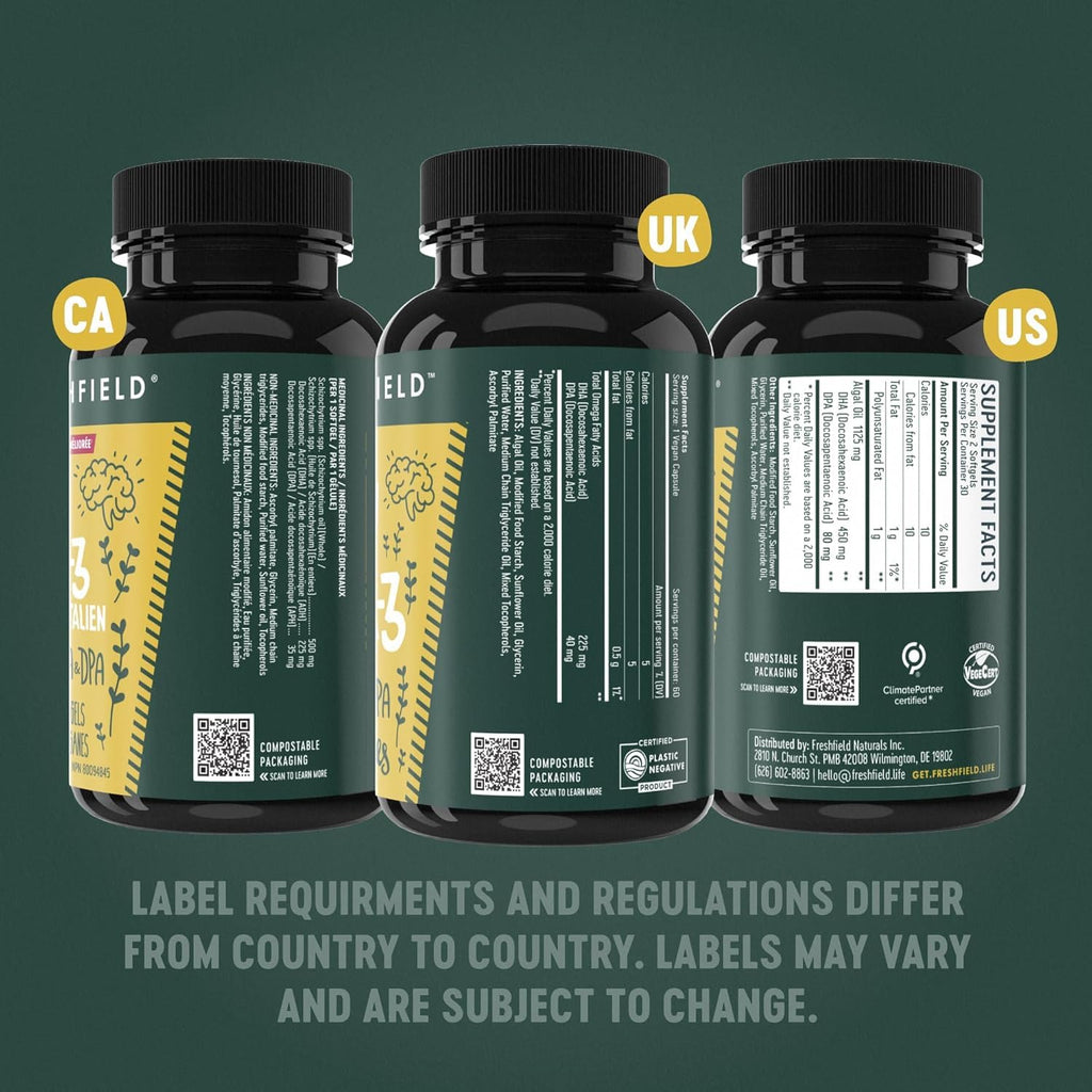 Freshfield Vegan Omega 3, Algae (Algal) Oil, Fish Oil Free Company, Third Party Tested, Carrageenan Free, DHA Supplement w/DPA