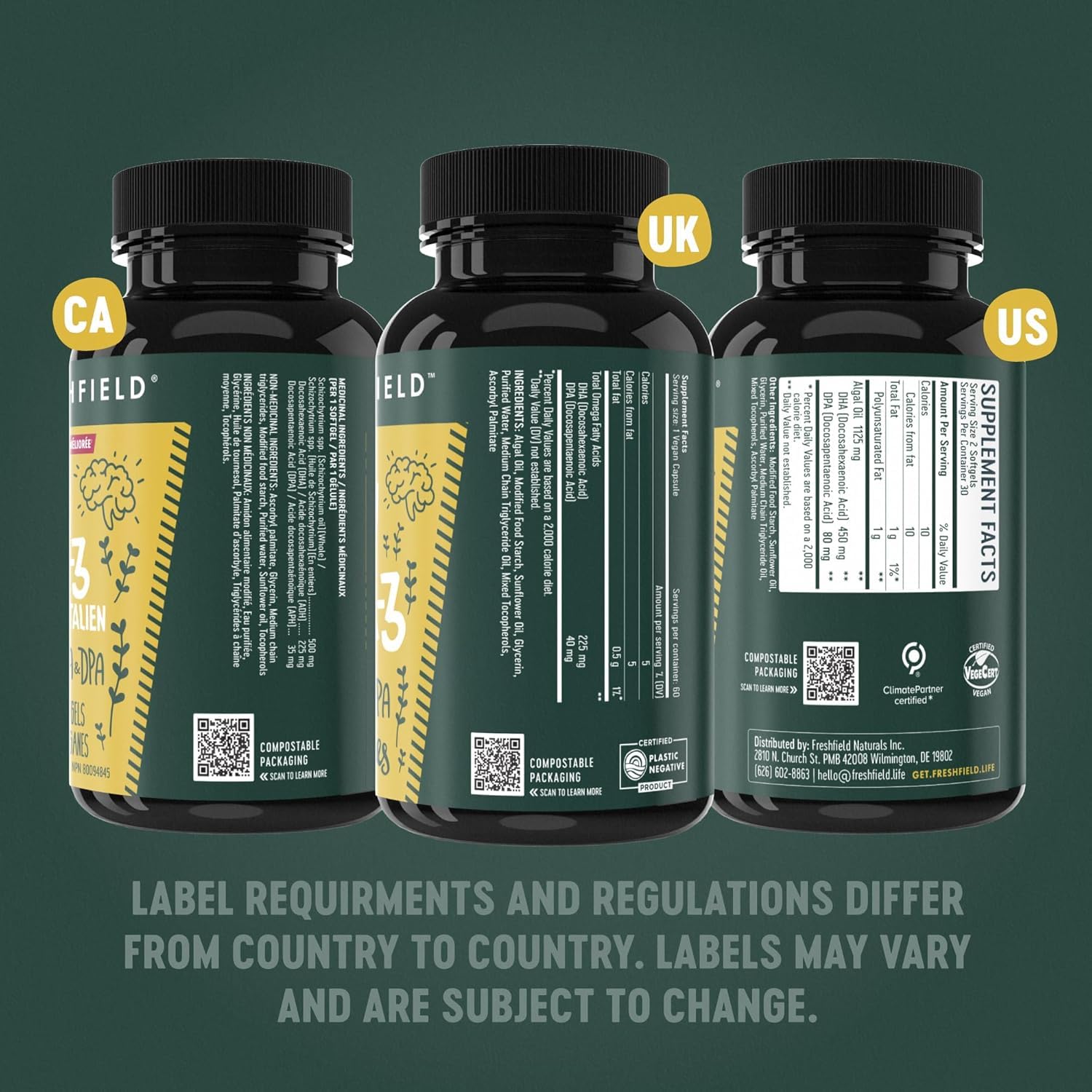 Freshfield Vegan Omega 3, Algae (Algal) Oil, Fish Oil Free Company, Third Party Tested, Carrageenan Free, DHA Supplement w/DPA