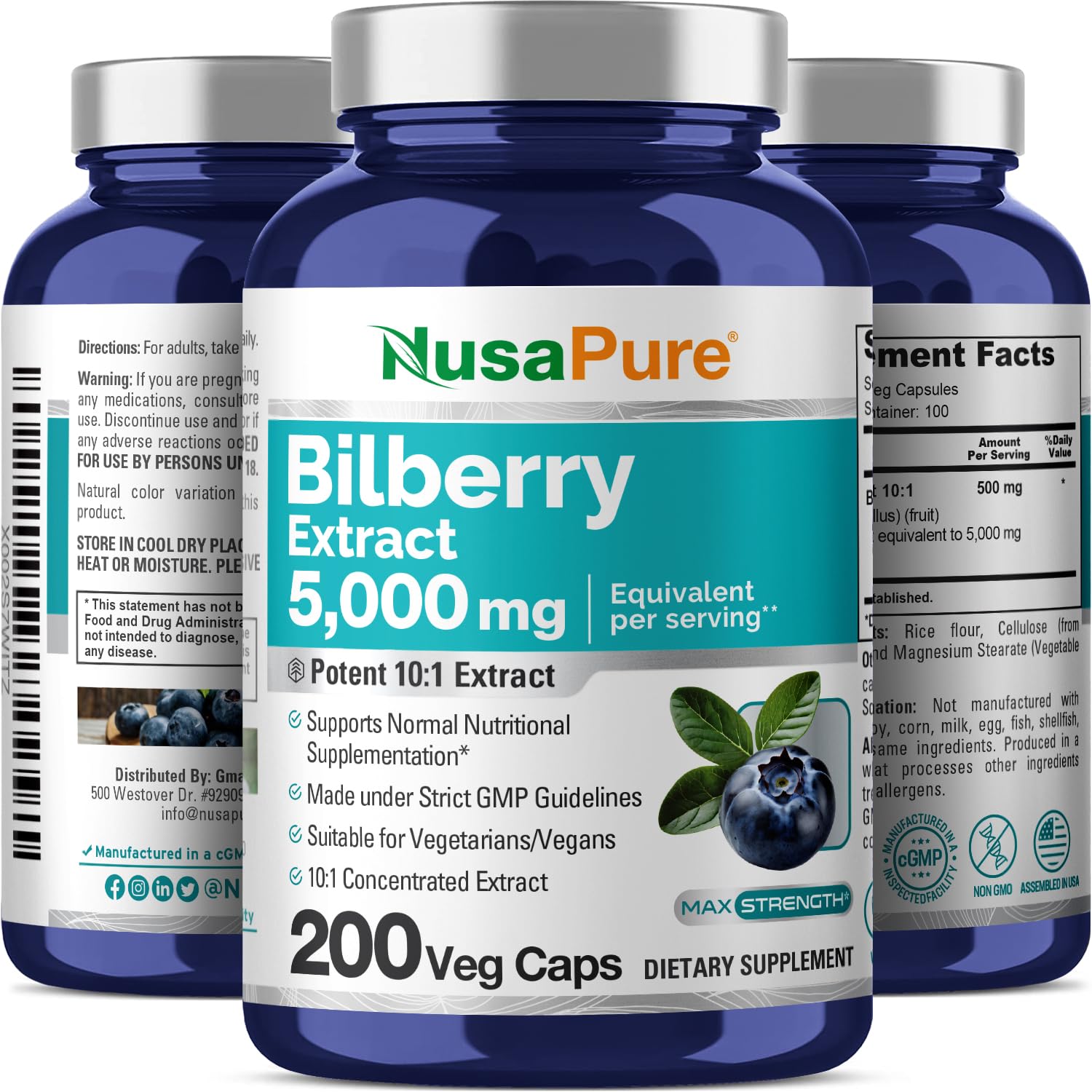 NusaPure Bilberry Extract 5,000mg 200 Vegetarian caps (Non-GMO, Vegan) NusaPure Au supplements