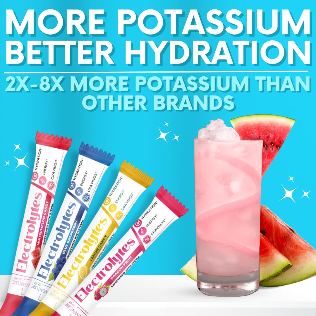 My Adventure to Fit Electrolytes Powder Packets – 16 Sugar-Free Hydration Packets, Potassium Supplement, Watermelon Candy, Blue Raspberry, Lemon Candy, Dragon Fruit