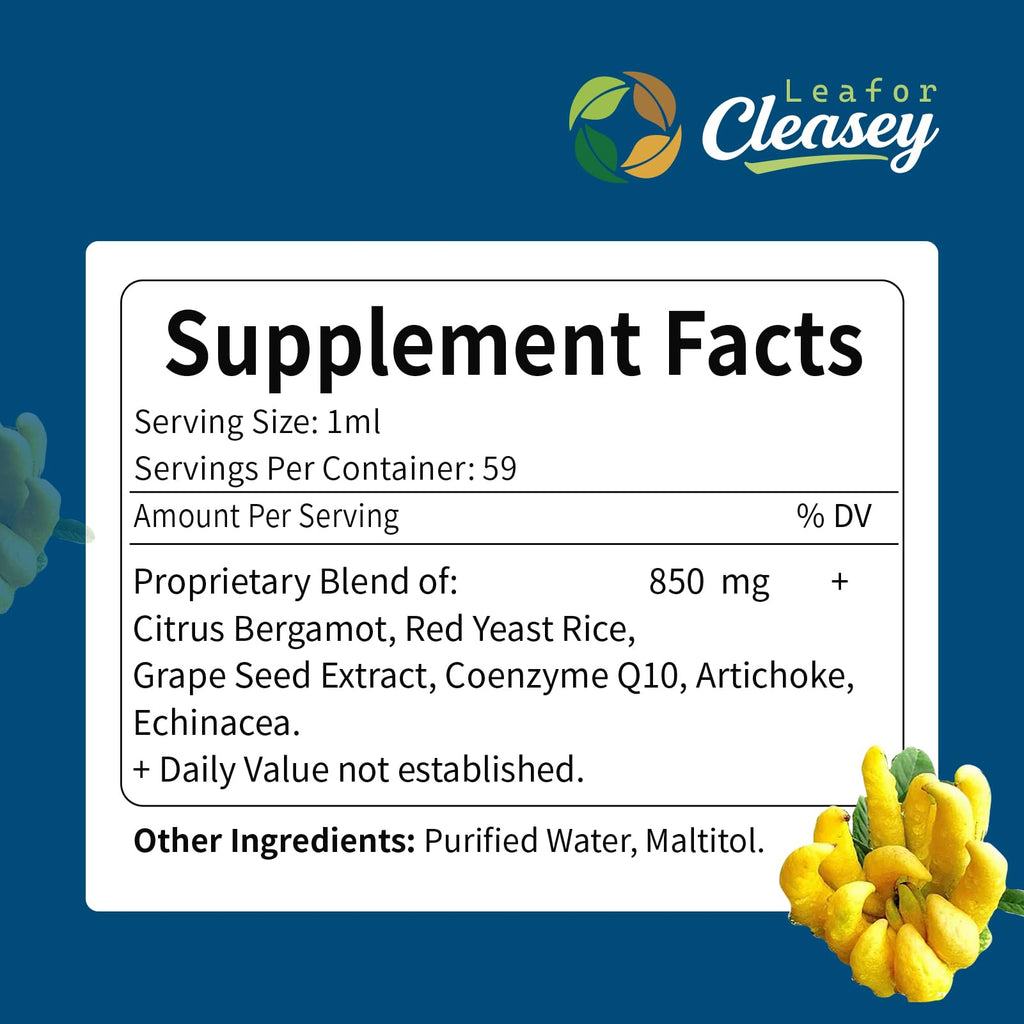 LeaforClensey Citrus Bergamot Liquid Drops for High Cholesterol, Bergamot Extract Blend Supplements with Red Yeast Rice & CoQ10 for Heart