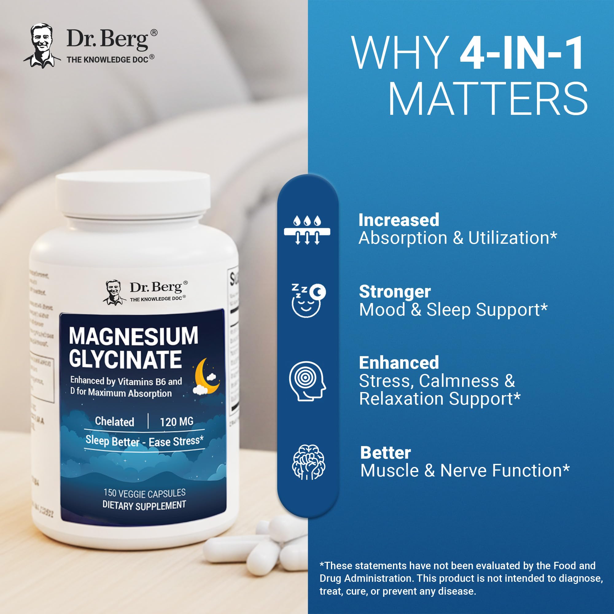 Dr. Berg Magnesium Glycinate 150ct – 4-in-1 Chelated for Muscle, Nerve, Sleep & Stress Support*– w/ D3, B6 & Zinc – 4X Lab-Tested