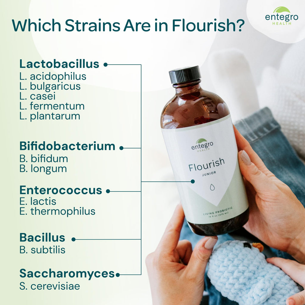 ENTEGRO Flourish Junior Liquid Probiotic & Postbiotic Supplement - Glass | 11 Live Cultures | Gut & Digestive Health for Women, Men & Kids | Organic, Vegan, Allergen Free | USA Made | 16 fl oz
