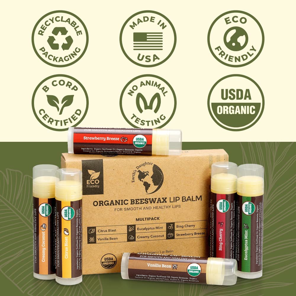 Earth's Daughter USDA Organic Lip Balm 6-Pack - Fruit Flavors, Beeswax, Coconut Oil, Vitamin E - Best Lip Repair