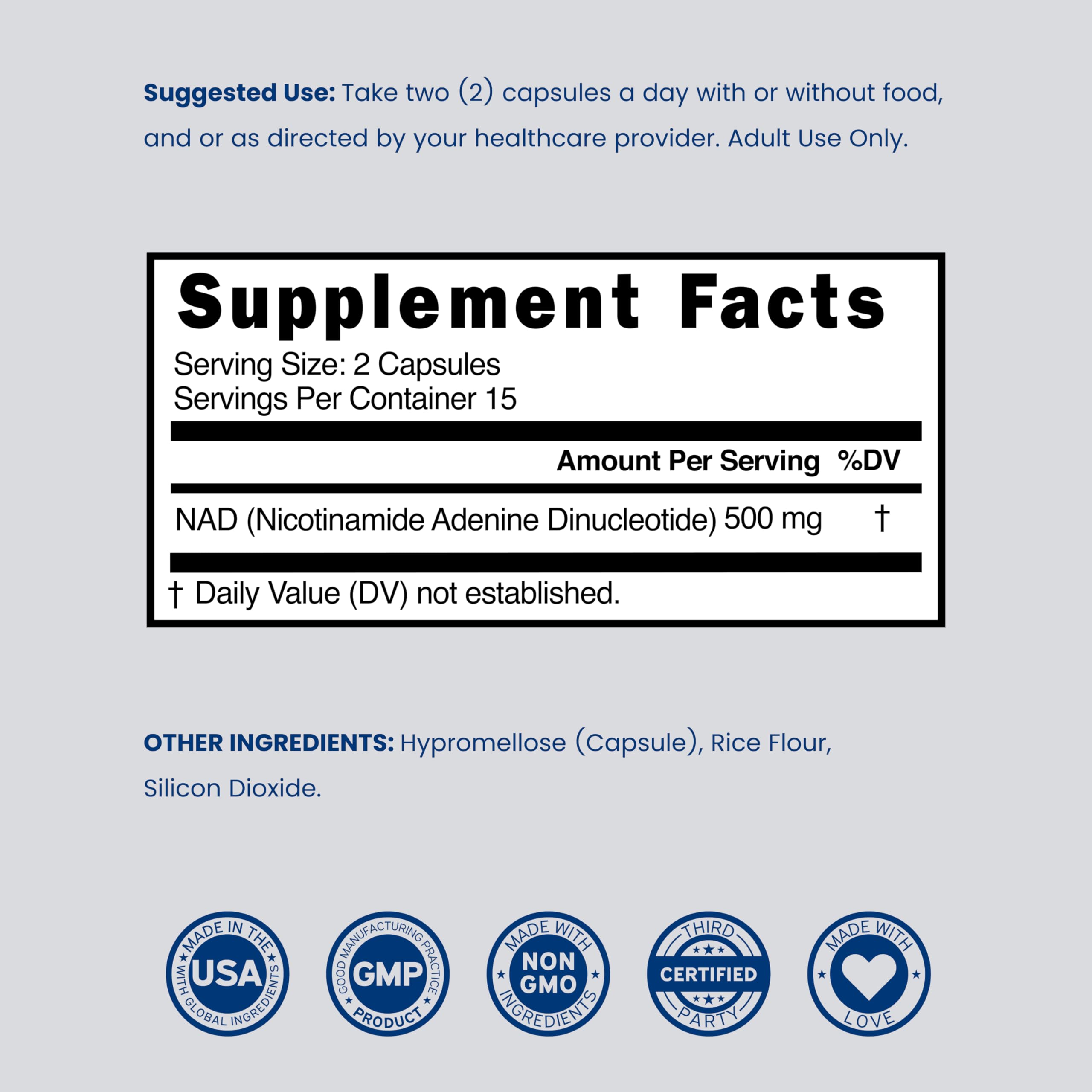 NAD Supplement (500mg of 95% Pure NAD+ Per Serving) NMN Supplement, NAD Nicotinamide Riboside Support (Third Party Tested, Vegan Safe, Non-GMO, No Fillers, & Made in the USA - 30 Vegan Capsules) DORADO NUTRITION Au supplements