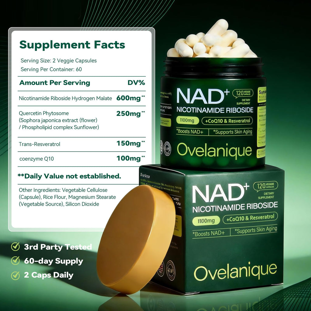 Ovelanique NAD Supplement with Nicotinamide Riboside & Resveratrol |NMNH Supplement Alternative| NAD+ Complex with Quercetin Phytosome & CoQ10 | Liposomal Delivery,120 Capsules(Packaging May Vary) Ovelanique Au supplements