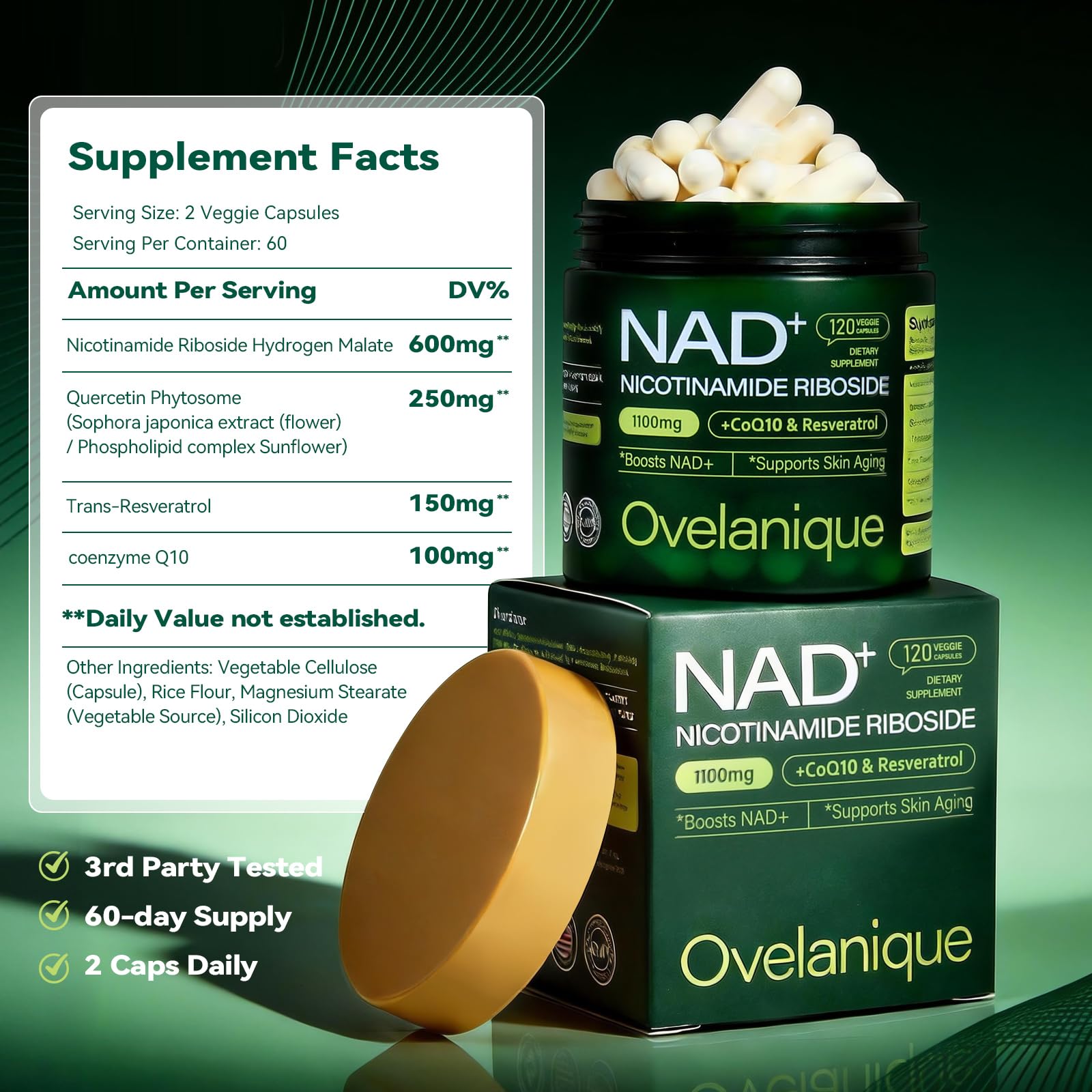 Ovelanique NAD Supplement with Nicotinamide Riboside & Resveratrol |NMNH Supplement Alternative| NAD+ Complex with Quercetin Phytosome & CoQ10 | Liposomal Delivery,120 Capsules(Packaging May Vary) Ovelanique Au supplements