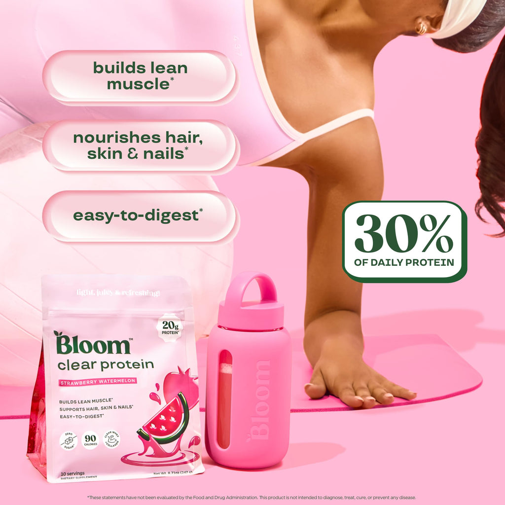 Bloom Clear Protein, Whey Protein Isolate with Collagen Peptides and Digestive Enzymes, 20g Protein, Sugar Free Post Workout Drink Mix, 90 Calories,